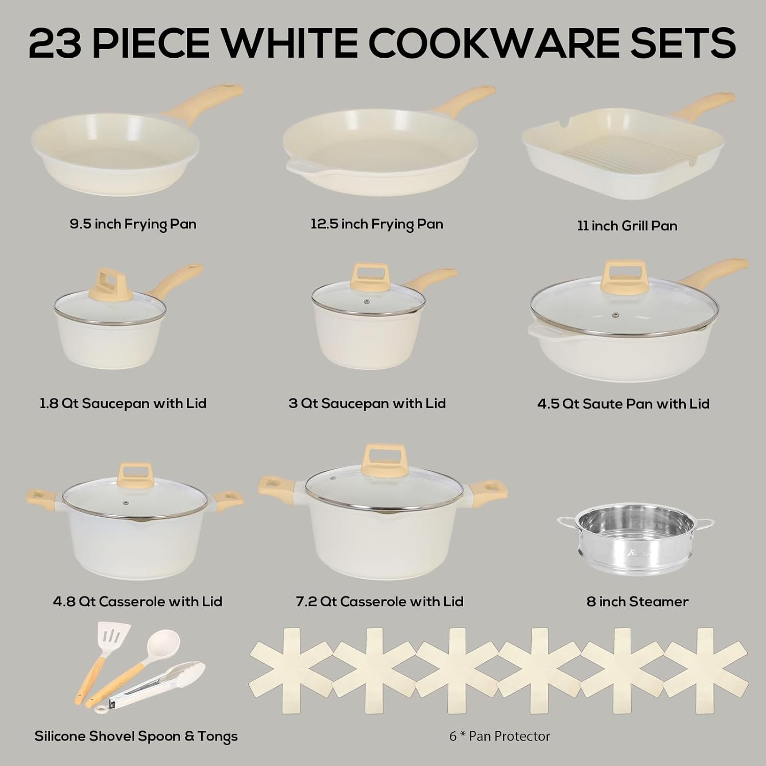 Romswi 23Piece Kitchen Cookware Set, Non Stick Pots and Pans Set, Induction Cookware with Utensil and Pan Protectors, White - Image 3