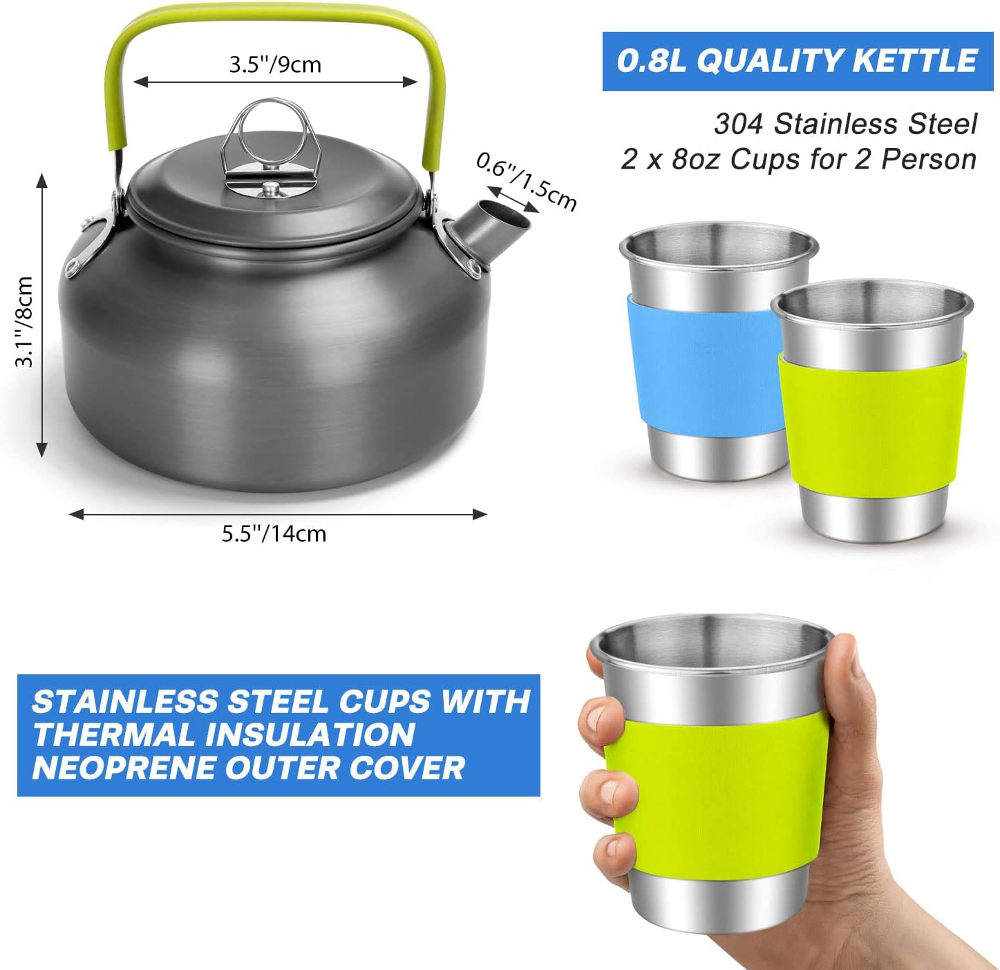 Odoland 15pcs Camping Cookware Mess Kit, Non-Stick Lightweight Pot Pan Kettle Set with Stainless Steel Cups Plates Forks Knives Spoons for Camping, Backpacking, Outdoor Cooking and Picnic - Image 3