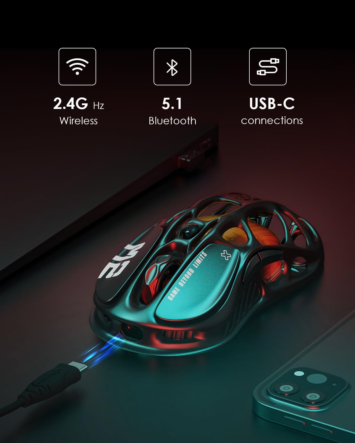 GravaStar Mercury M2 Wireless Gaming Mouse with 26,000 DPI, PAW3395DM Sensor -79g Lightweight Hollowed-Out Design -5 Programmable Buttons -5 Dynamic Lightsync RGB - Stealth Black - Image 5