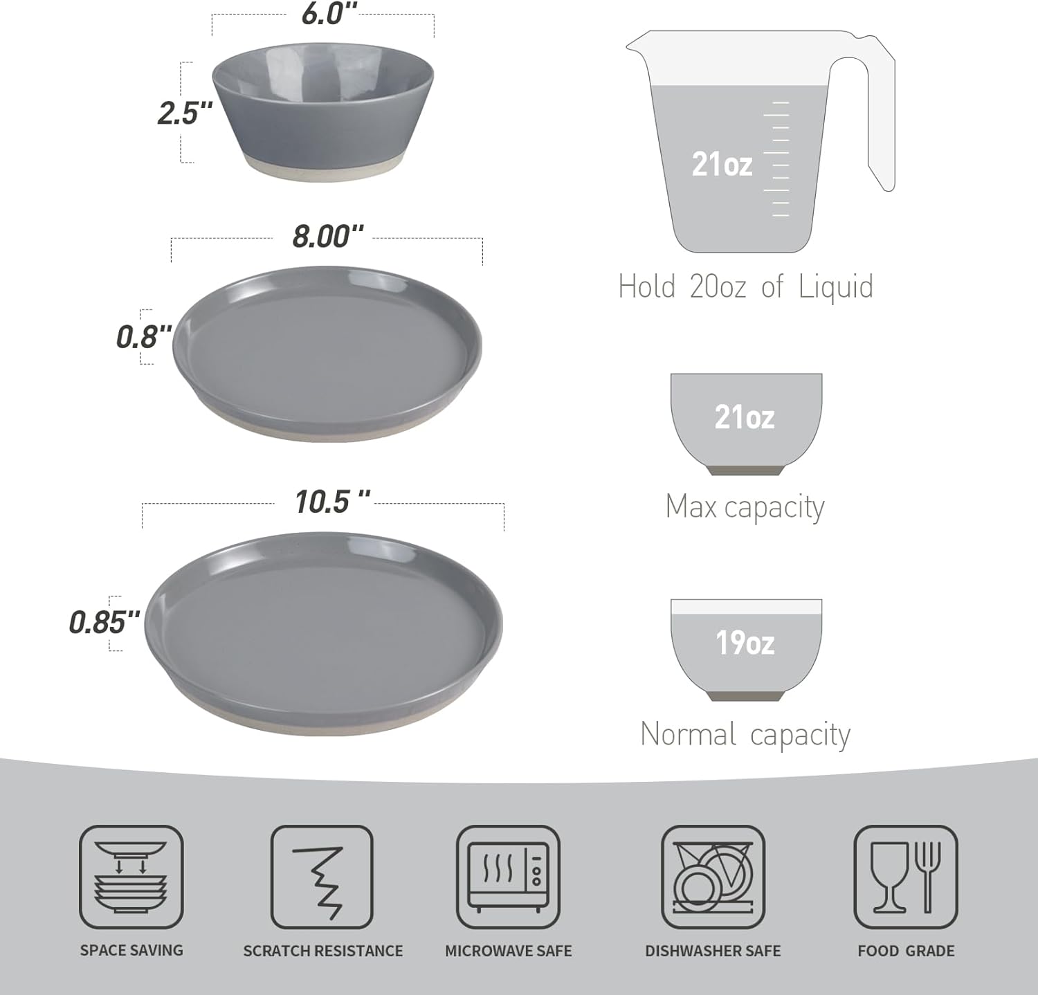 Famiware Saturn Plates and Bowls Set of 12 and Milkyway 4oz Dipping Bowls Set of 6, 18 Pieces Dinnerware Sets, Dark Gray - Image 10