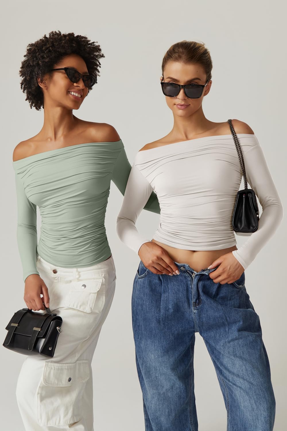 QINSEN Womens Off Shoulder Long Sleeve Tops Ruched Going Out Crop Slim Fitted Double Lined Shirts - Image 6