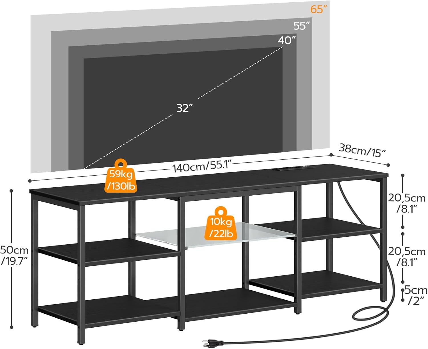 HOOBRO LED TV Stand for 65 Inch TVs with Charging Station, Gaming Entertainment Center with 3-Tier Open Storage, Long Media TV Console Table, TV Stand for Living Room, Bedroom, Black BB20UDDS01 - Image 4