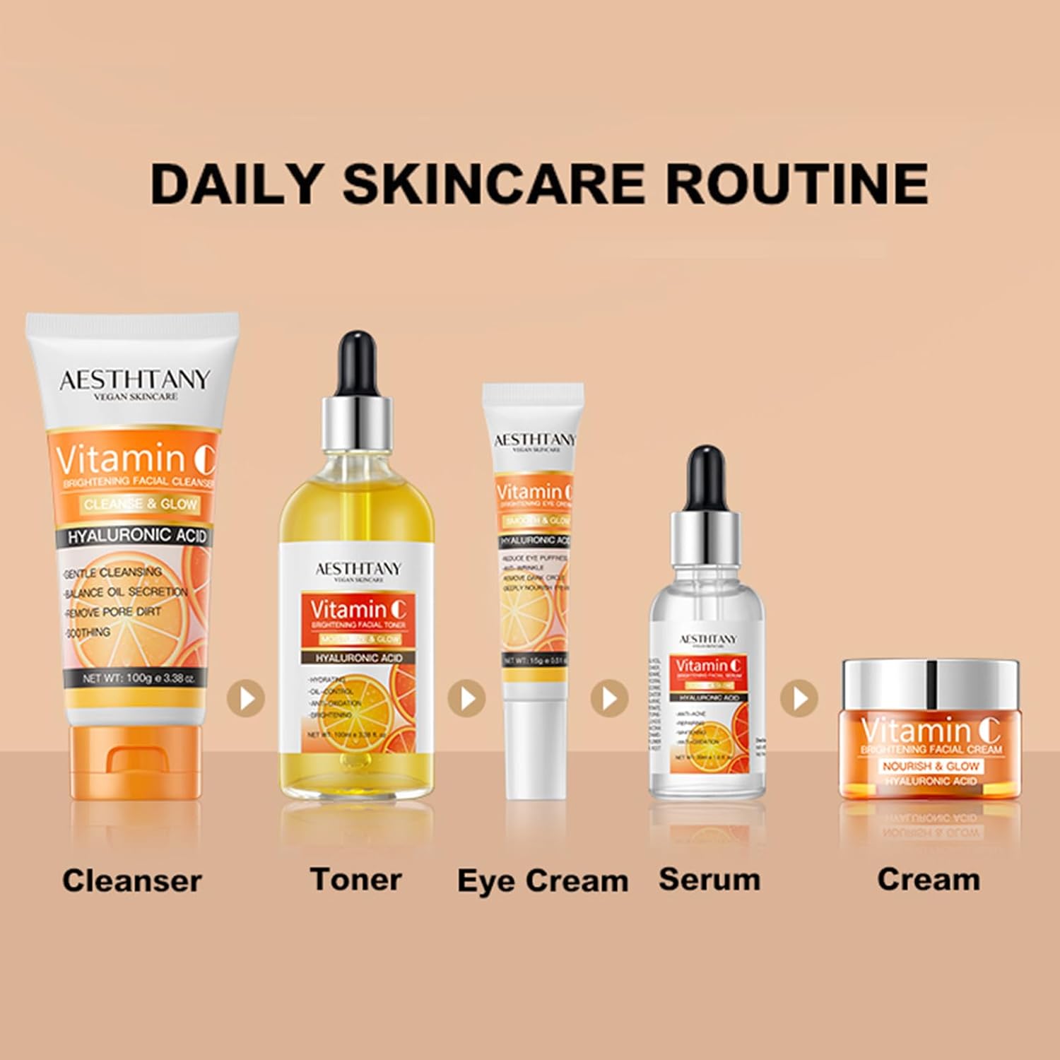 Vitamin C Skin Care Set For Women , 5-In-1 Moisturizing Hyaluronic Acid Skin Care Routine with Facial Cleanser, Serum, Face Cream, Eye Cream, Toner Valentine's Day Gift - Image 7
