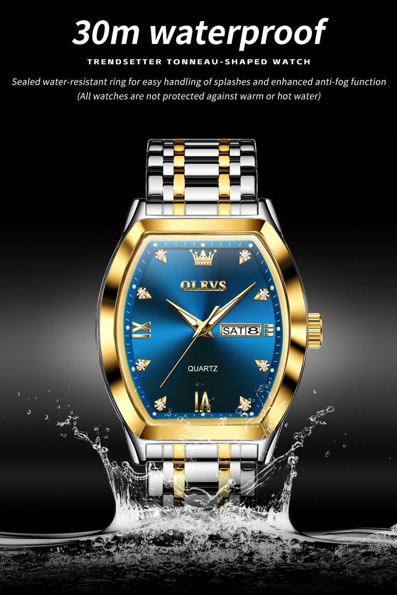 OLEVS Men Watches Square Business Dress Diamond Analog Quartz Date Luxury Watch for Men Casual Stainless Steel Waterproof Luminous Two Tone Wrist Watch - Image 7