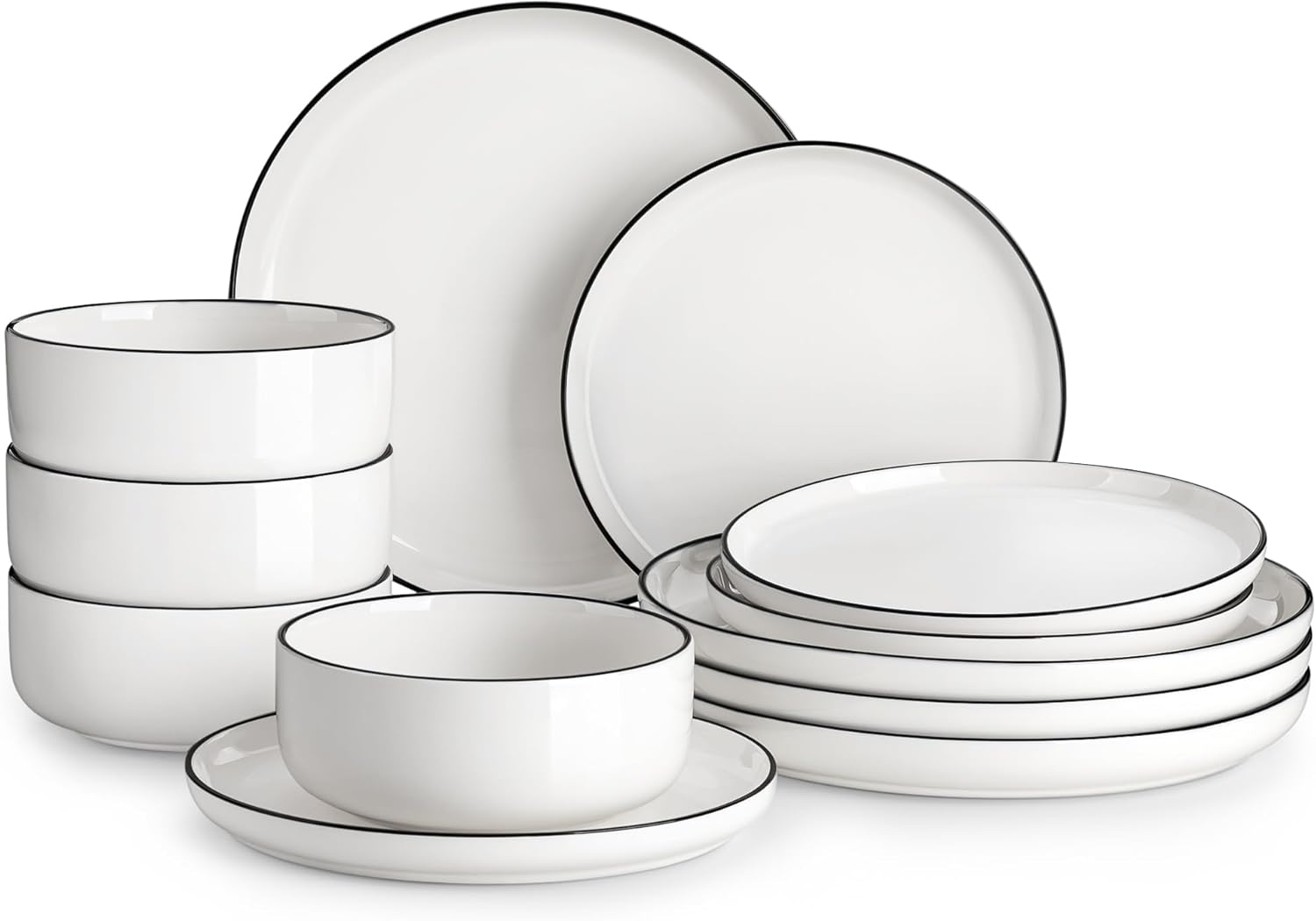 MALACASA Plates and Bowls Sets, 12 Pieces Modern Porcelain Dinnerware Set for 4 White Kitchen Dinner Dining Ware Set wtih Black Rim Ceramic Dishware Dishes Microwave and Dishwasher Safe, Series LUNA - Image 2