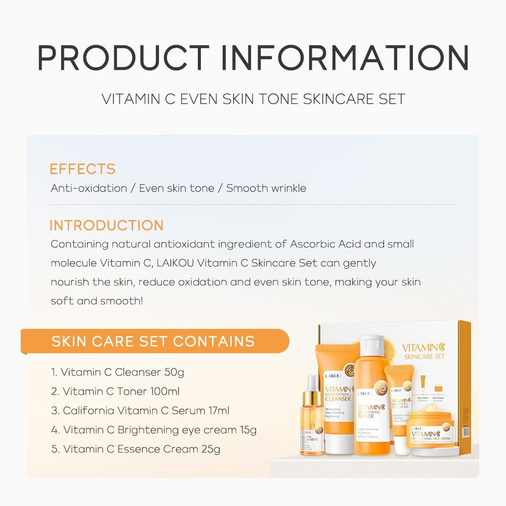 Vitamin C Skincare Set, Moisturizing Face Skin Care Kit with Facial Cleanser, Face Serum, Face Cream, Eye Cream, Toner For Hydrating Skin, Anti-Aging Skin - Image 4