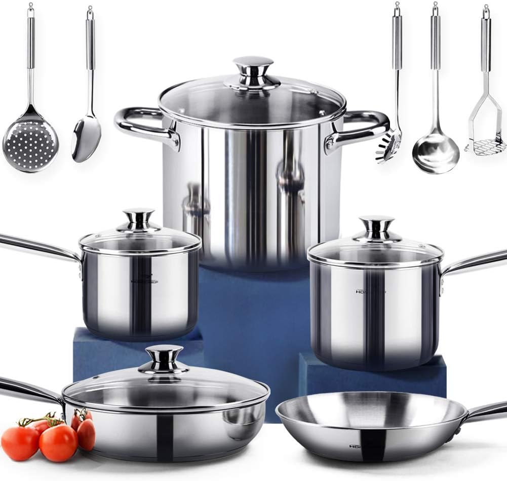 HOMI CHEF 14-Piece Nickel Free Stainless Steel Cookware Set - Nickel Free Stainless Steel Pots and Pans Set - Stainless Steel Non-Toxic Cookware Set - Stainless Steel Healthy Induction Cookware Sets - Image 2