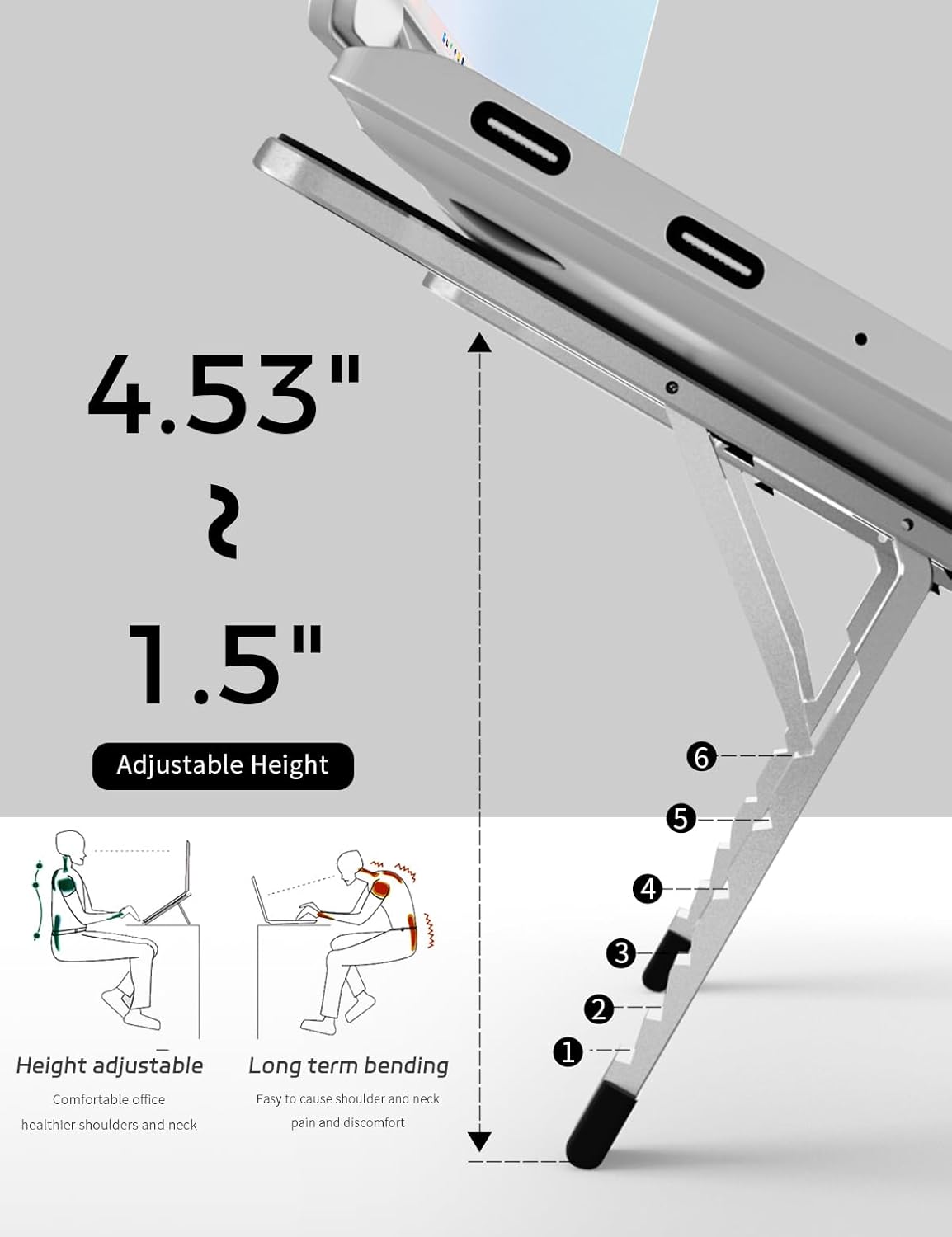 Foldable Laptop Stand for Travel, Aluminum Stable Ergonomic Laptop Riser with 6-Levels Height Adjustment, Fits with MacBook Air, MacBook Pro, iPad, HP, Dell, Lenovo (Up to 15.6'')-Sliver - Image 6