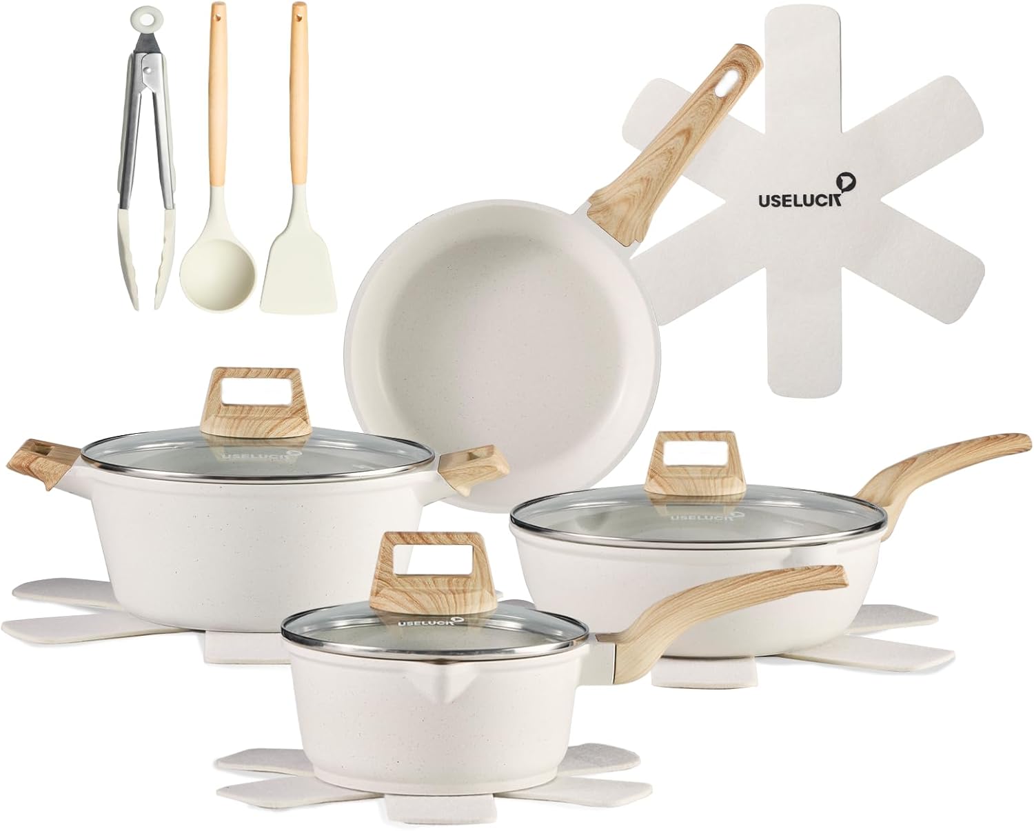 14 Pcs Pots and Pans Set Non Stick, Induction White Cooking Set with Frying Pans, Healthy Kitchen Cooking Set with Stay-Cool Handles, Silicone Utensils and Pot Protectors - Image 2