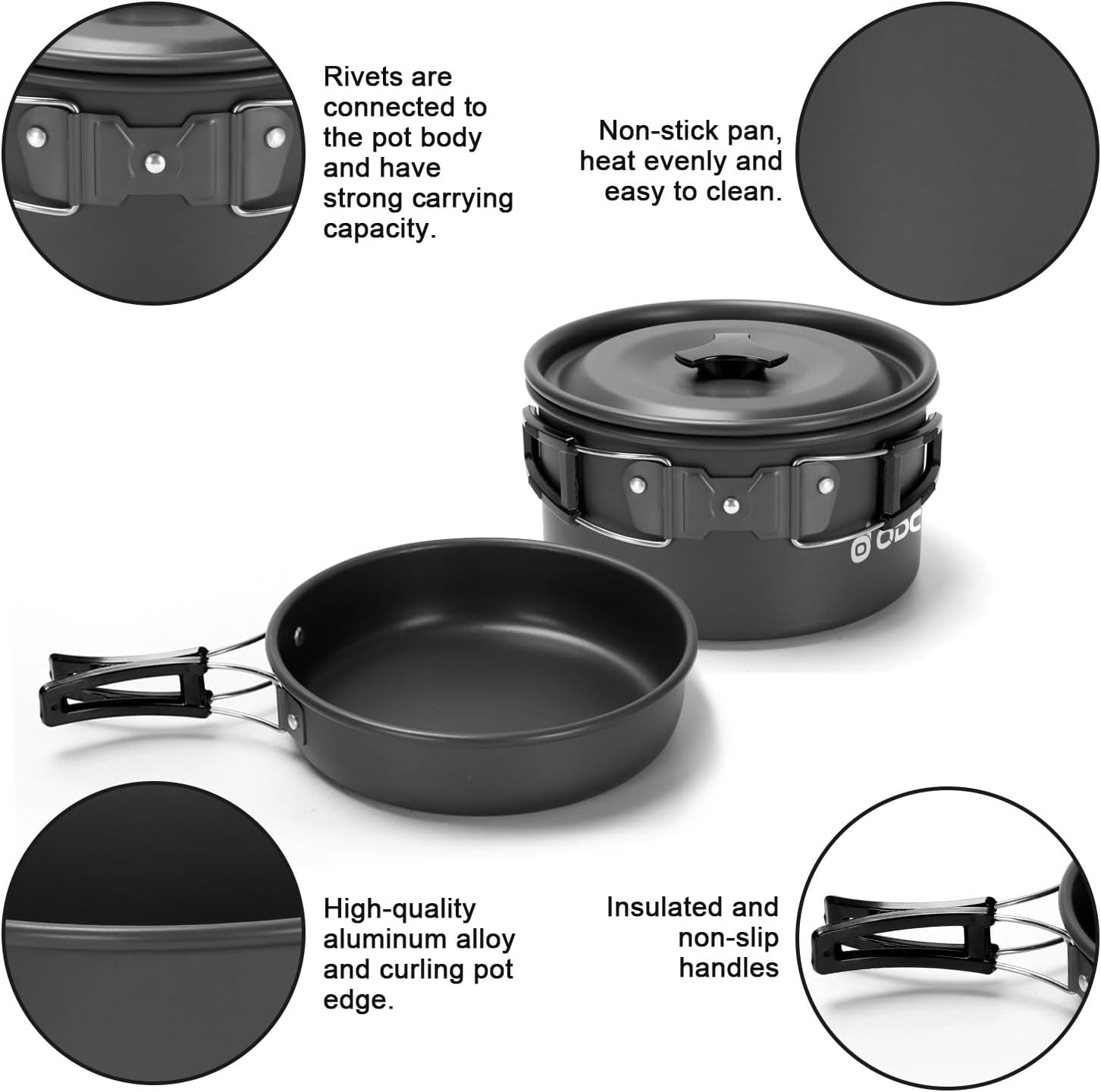 Odoland 15pcs Camping Cookware Mess Kit, Non-Stick Lightweight Pot Pan Kettle Set with Stainless Steel Cups Plates Forks Knives Spoons for Camping, Backpacking, Outdoor Cooking and Picnic - Image 6
