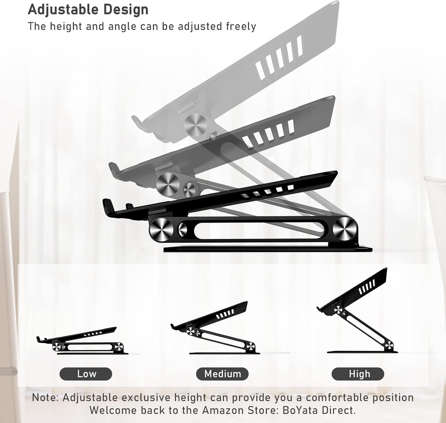 BoYata Laptop Stand, Adjustable Laptop Riser with Slide-Proof Silicone and Protective Hooks, Laptop Stand for Laptop up to 17 Inches, Laptop Holder Compatible for MacBook, Laptop-Black - Image 4