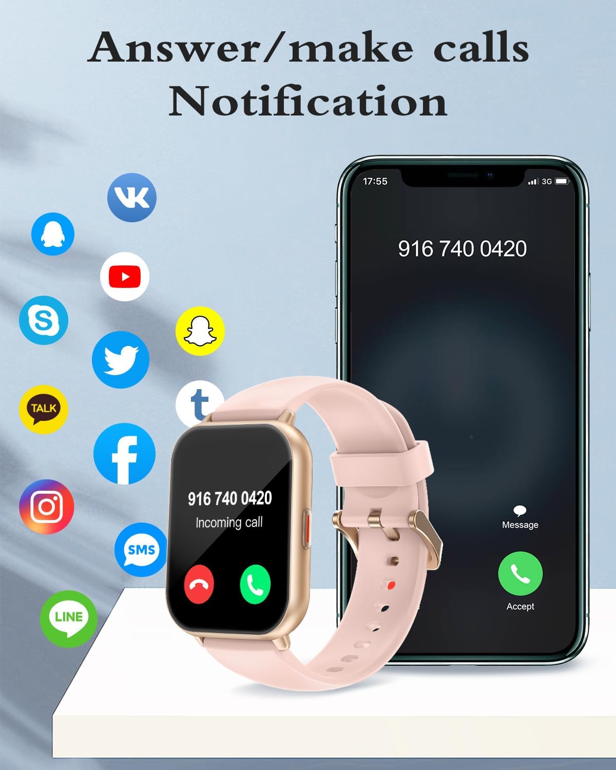 RUIMEN Smart Watches for Men Women (Answer/Make Calls), 1.8" Smartwatch for iOS/Android Phones, Fitness Tracker Watch with Heart Rate/Sleep Monitor Pedometer Waterproof (2 Bands Included), Pink - Image 3