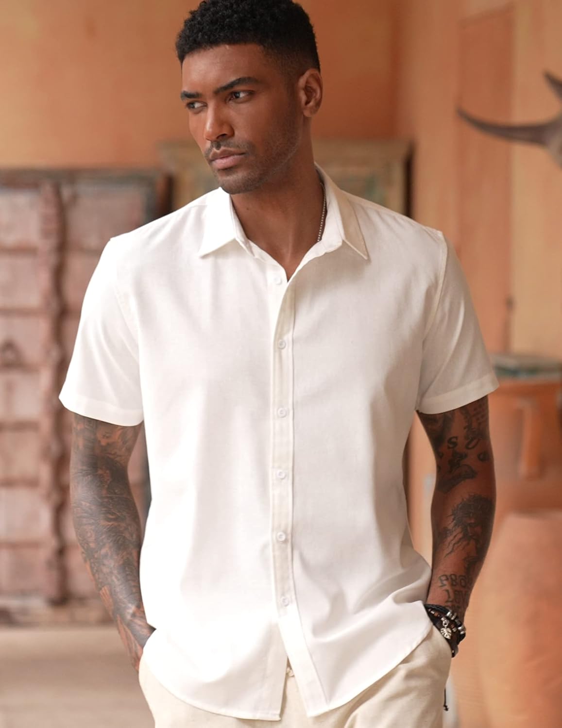 COOFANDY Men's Linen Casual Short Sleeve Shirt Button Down Summer Beach Wedding Shirts - Image 3