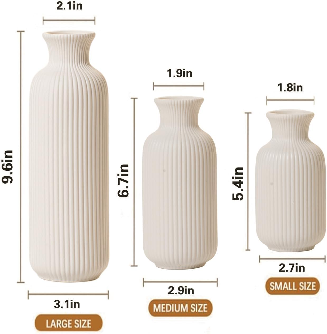 White Ceramic Vase Set of 3,Modern Vase Ribbed Design,Minimalist Decor Flower Vase for Table,Shelf,Farmhouse Vase for Decor(Vertical Ribbed Vase) - Image 3
