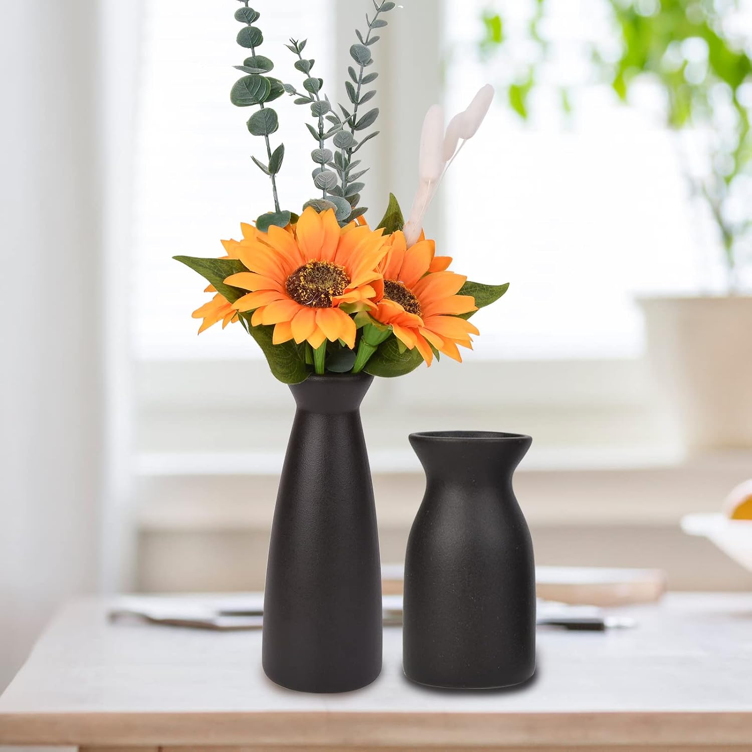 Ceramic Vase Set of 2, Black Matte Boho Vase for Decorative Dried Flowers Pampas Grass Decoraitons, Dining Table Centerpieces Rustic Living Room Decor for Home Office (Black) - Image 5
