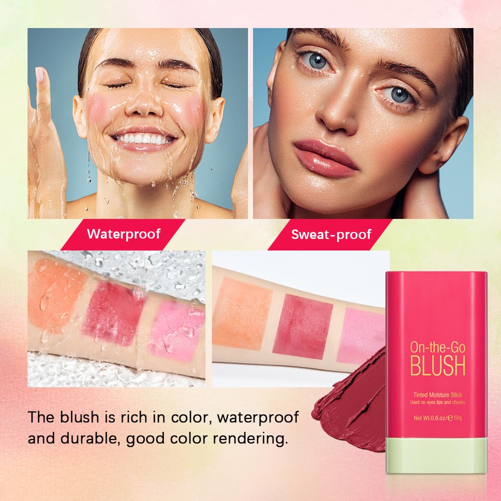 Multi-Use Cream Blush Stick,2-in-1 On-the-Go Blush for Cheek and Lip Tint,Waterproof Hydrating Tinted Solid Moisturizer Blendable Natural Grow Nude Face Blush Makeup,01 shy pink - Image 5