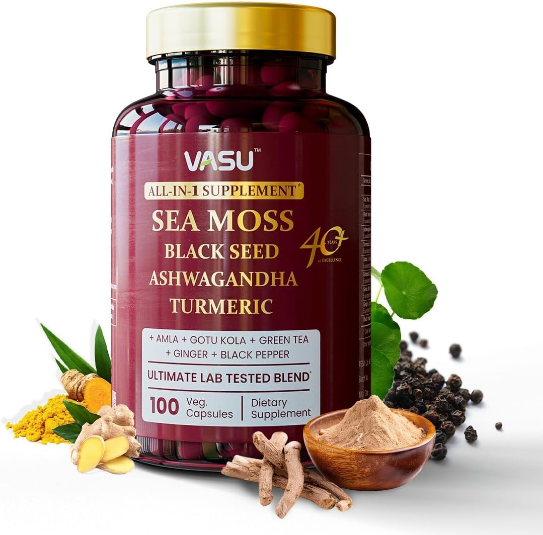 Vasu Sea Moss Capsules - 100 Count - Sea Moss Black Seed Oil Ashwagandha Ginger, Irish Sea Moss Capsules for Stamina, Strength, Endurance - Sea Moss Pills for Men & Women - Image 2