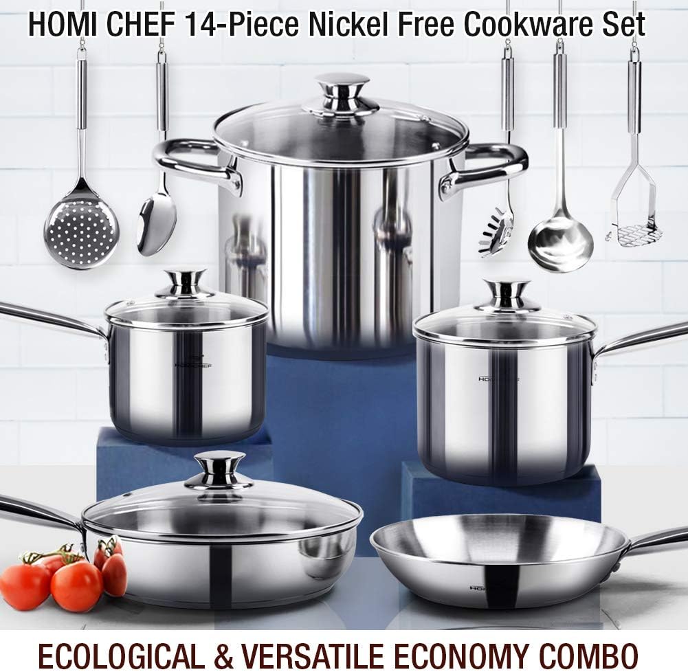 HOMI CHEF 14-Piece Nickel Free Stainless Steel Cookware Set - Nickel Free Stainless Steel Pots and Pans Set - Stainless Steel Non-Toxic Cookware Set - Stainless Steel Healthy Induction Cookware Sets - Image 3