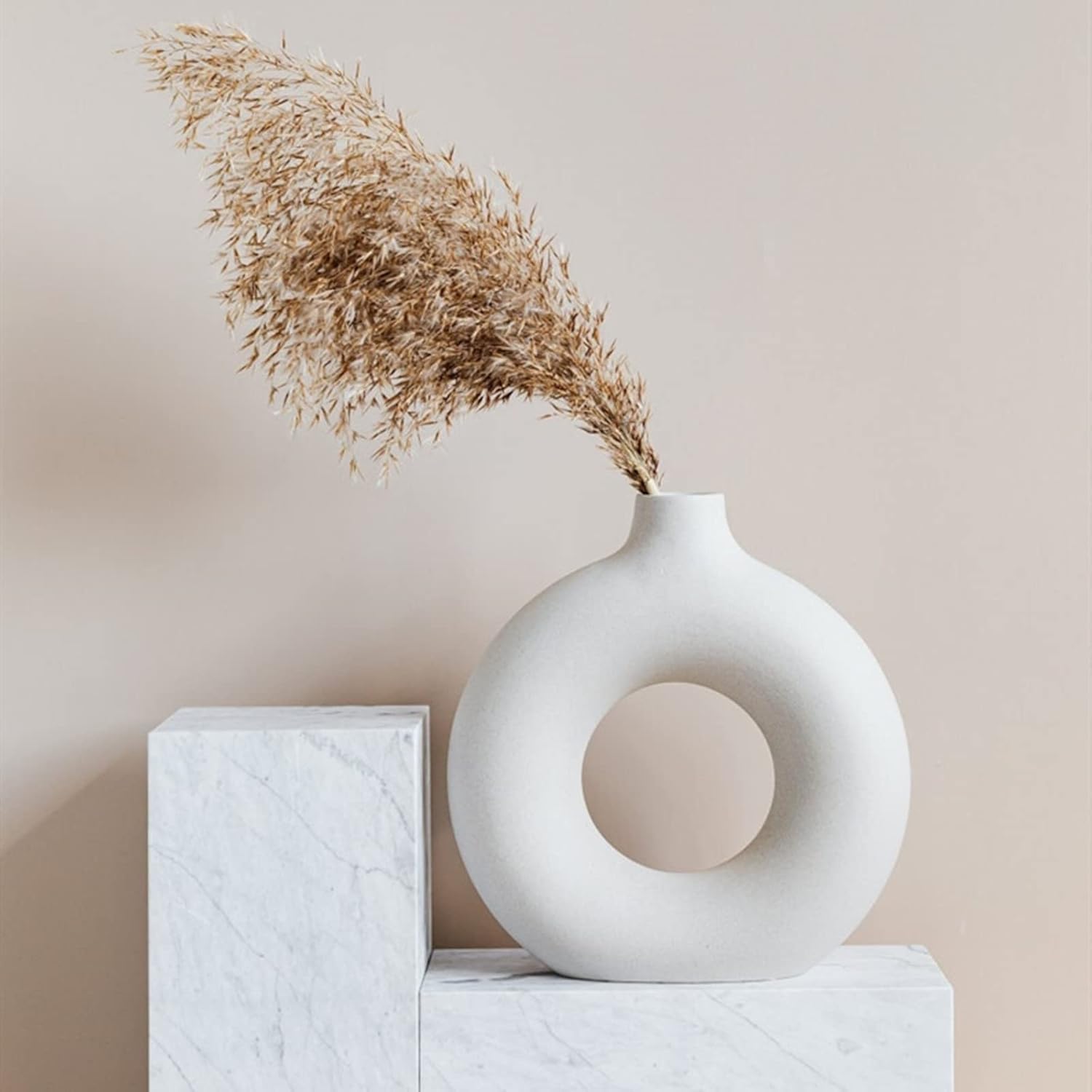 White Circle Ceramic Vase for Decor, Circular Matte Hollow Donut Flower Vases Decorative Minimalist Modern Nordic Boho Style for Home Living Room Office Bedroom Table (H7.5'' × W7.1'') - Image 5