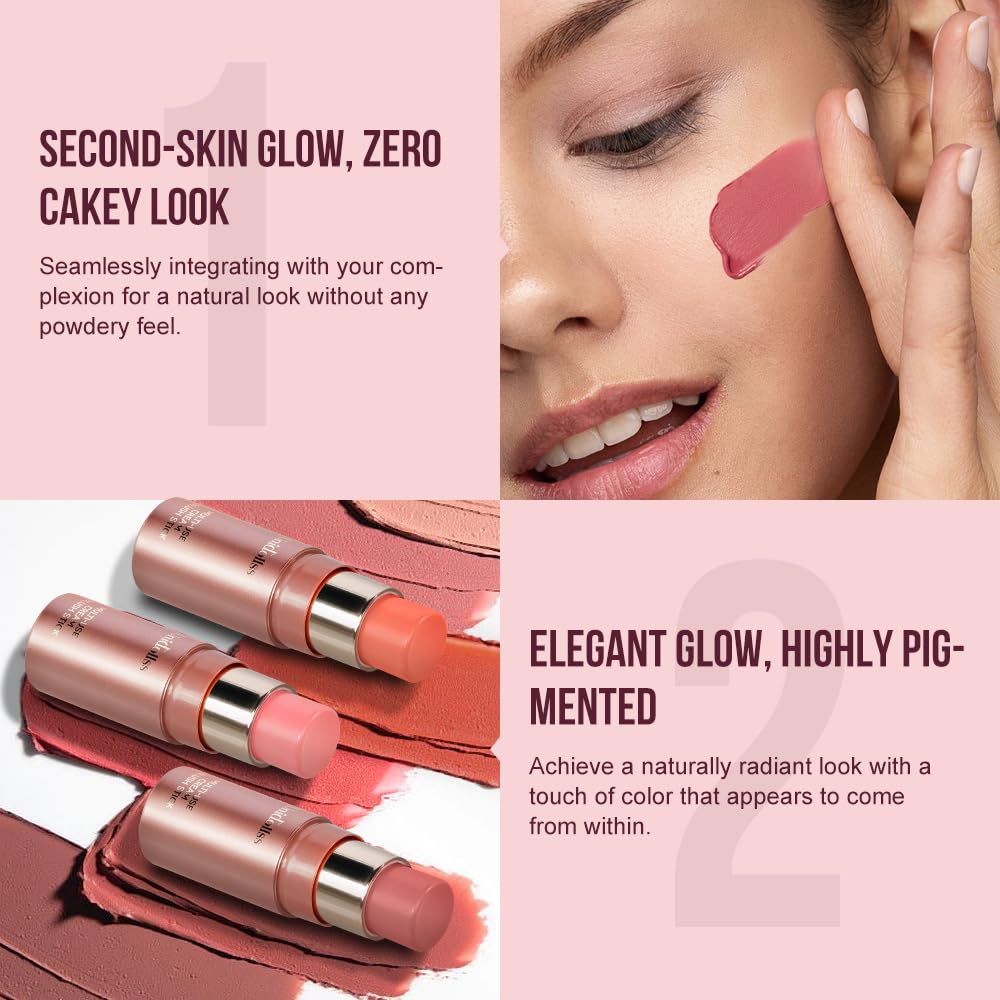 Multi-Use Makeup Cream Blush Stick, Unidollss 3-in-1 Buildable Powder Blush Stick for Cheek, Eye, and Lip, Hydrating formula, All day wear, Easy Application with Thumb Puff Included (03 PALPITATING) - Image 5