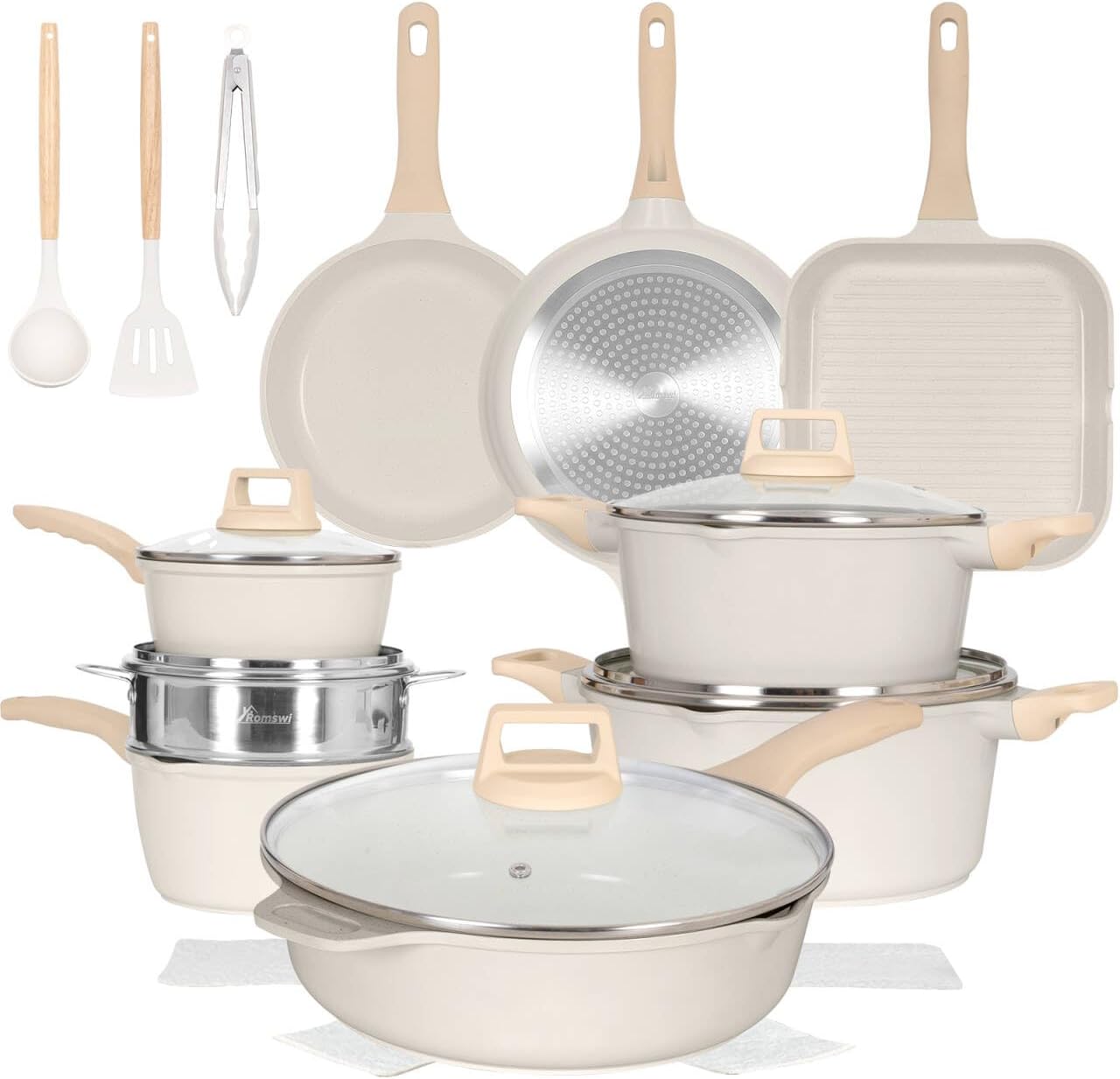 Romswi 23Piece Kitchen Cookware Set, Non Stick Pots and Pans Set, Induction Cookware with Utensil and Pan Protectors, White - Image 2