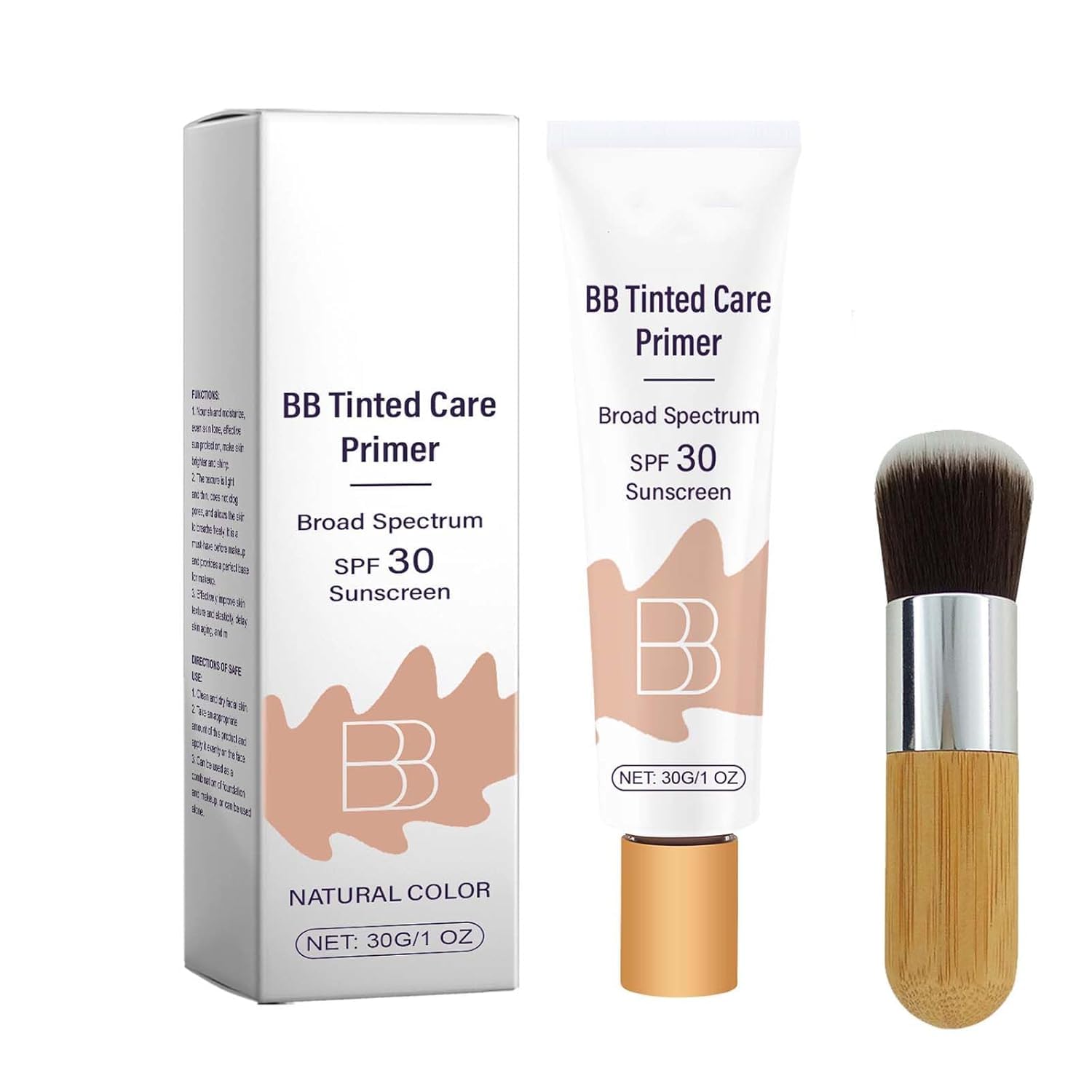 BB Blur Tinted Moisturizer SPF 30, BB Cream Tinted Moisturizer, BB Tinted Care Primer with Brush, Full Coverage Light-Medium Skin Color Hydrating & Smoothing (Natural, 1) - Image 2