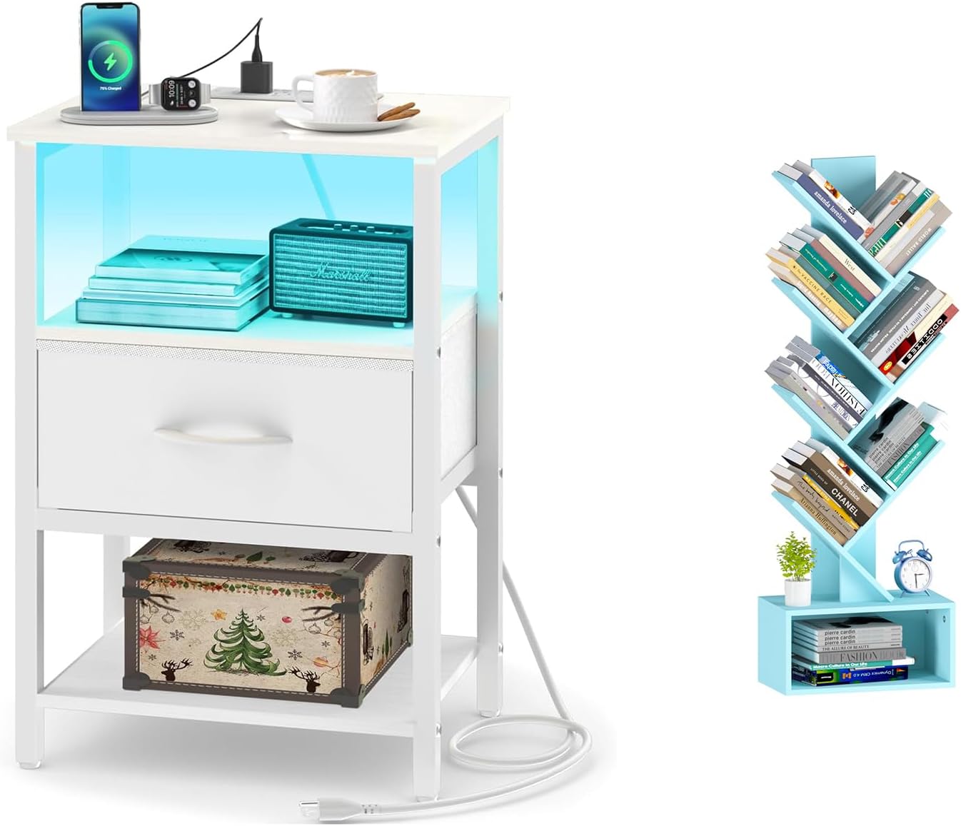 Yoobure Tree Bookshelf - 6 Shelf, White Night Stand with Charging Station - Image 2