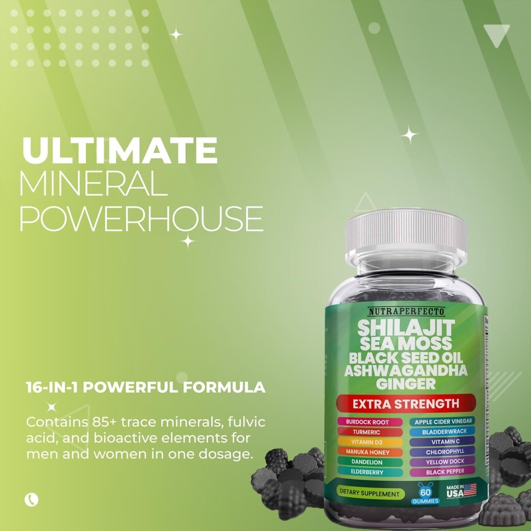 Shilajit Gummies with Irish Sea Moss Black Seed Oil Ashwagandha Ginger Elderberry Vitamin D3 Chlorophyll Turmeric Bladderwrack Advanced Strength Formula Resin Shilajit for Men & Women - Image 3