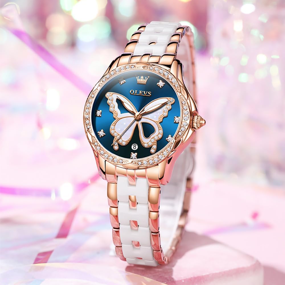 OLEVS Watches for Women Rose Gold Two Tone Fashion White Ceramic Ladies Wrist Watches Pink/Red Dial Stainless Steel Waterproof Date - Image 4