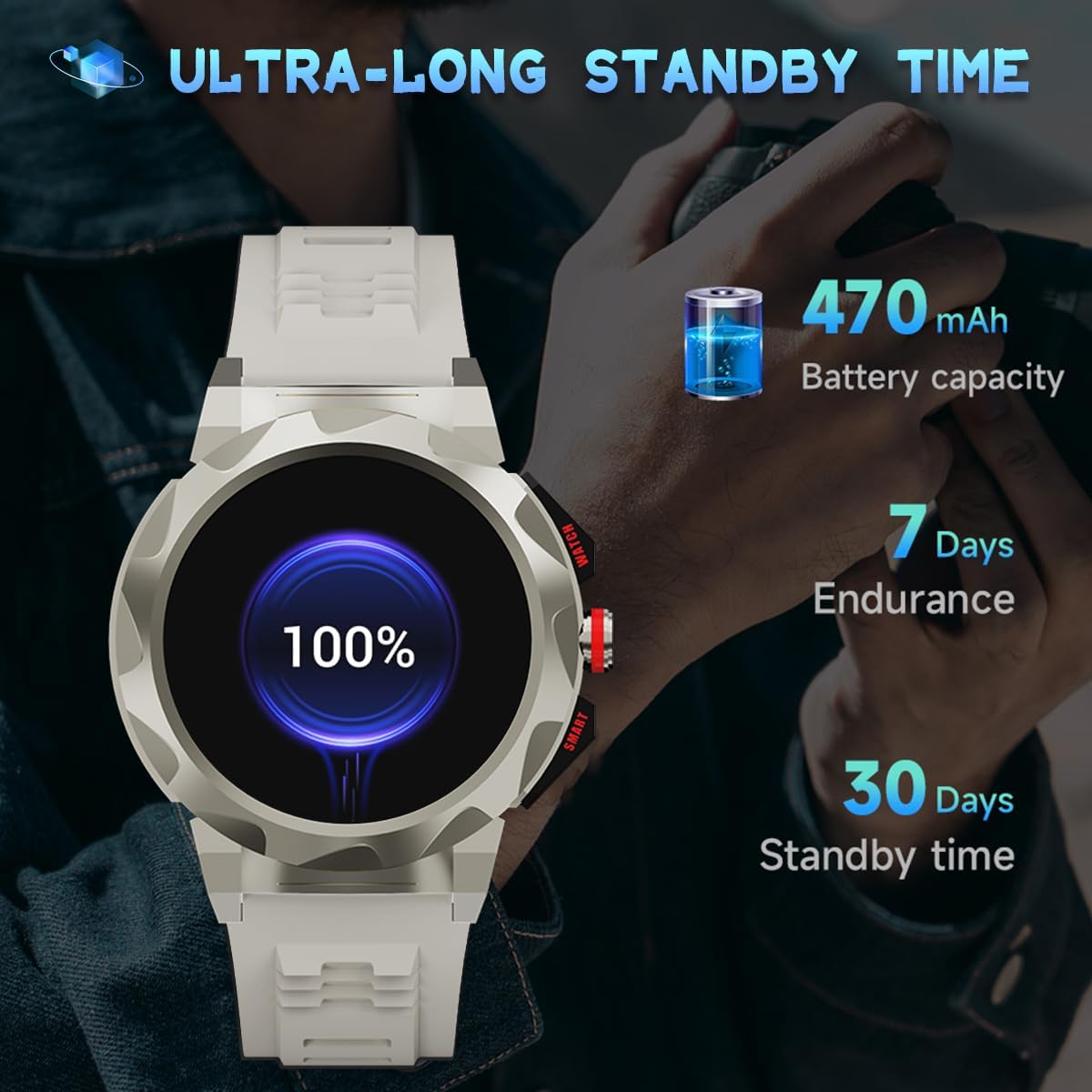 Men Smart Watch (Answer/Make Call) Newest Fitness Tracker Heart Rate Pedometer Calories 100+ Sport Modes Ip68 Waterproof Rugged Military Tactics Smartwatch Men for Android iPhone (Silver) - Image 7