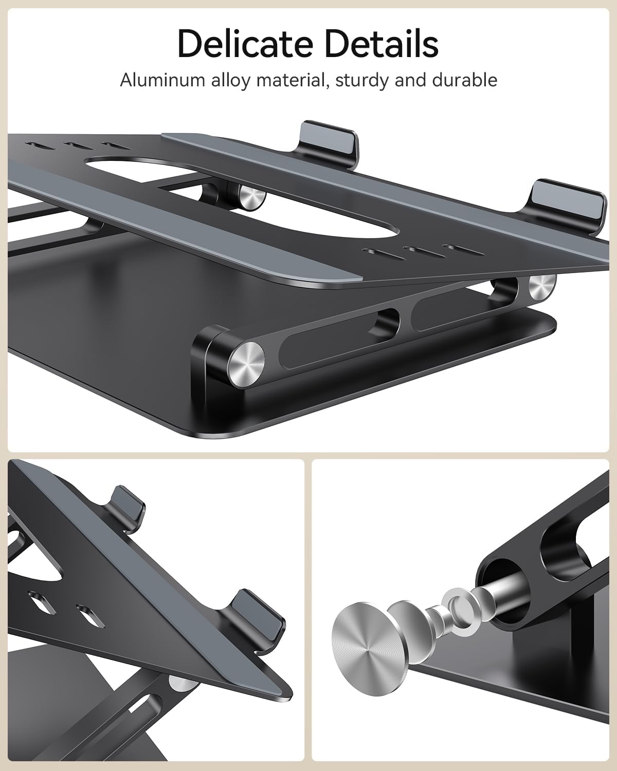 Foldable Aluminum Laptop Stand for 10-17.3" Laptops, Height Adjustable Portable Ergonomic Computer Holder, Space Saving Desk with Heat Dissipation. Compatible with MacBook/Dell/HP etc, Black - Image 8