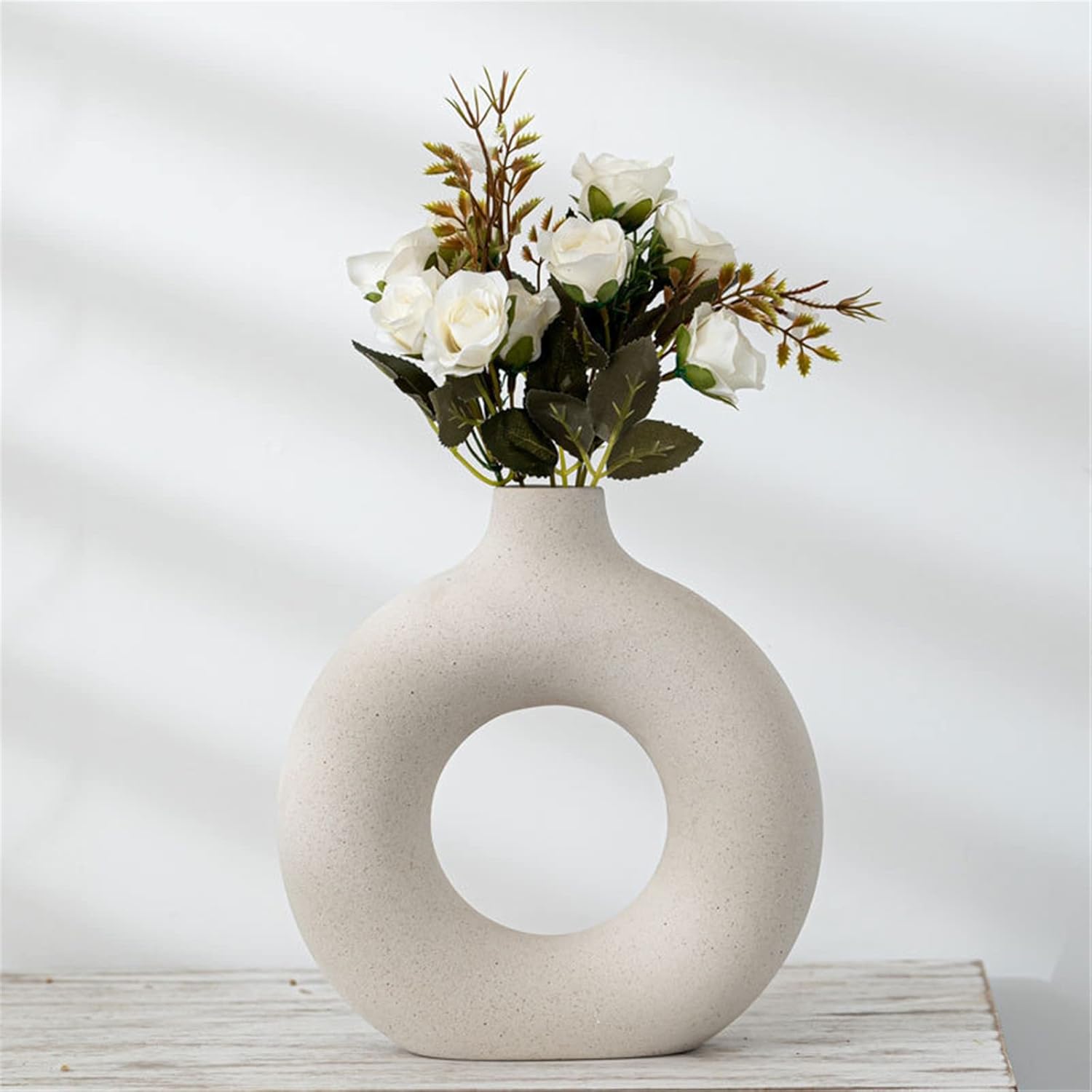 White Circle Ceramic Vase for Decor, Circular Matte Hollow Donut Flower Vases Decorative Minimalist Modern Nordic Boho Style for Home Living Room Office Bedroom Table (H7.5'' × W7.1'') - Image 2