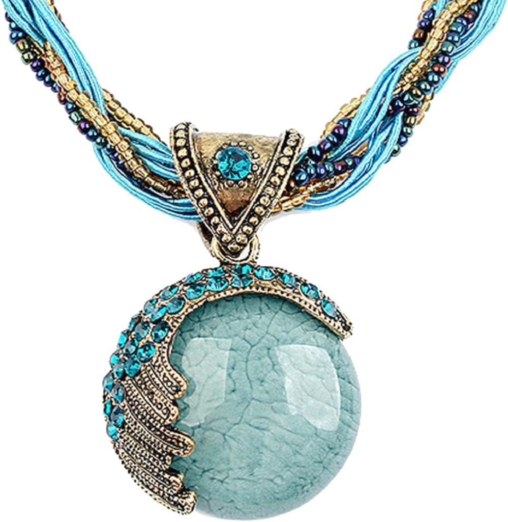 Harlorki Women Lady Handmade Retro Vintage Bohemian Style Twist Woven Rope Chain Turquoise Rhinestone Pendant Collar Necklace Fashion Jewelry - Image 2