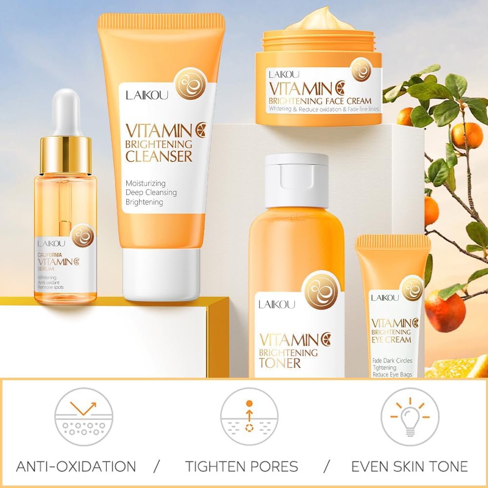 Vitamin C Skincare Set, Moisturizing Face Skin Care Kit with Facial Cleanser, Face Serum, Face Cream, Eye Cream, Toner For Hydrating Skin, Anti-Aging Skin - Image 3