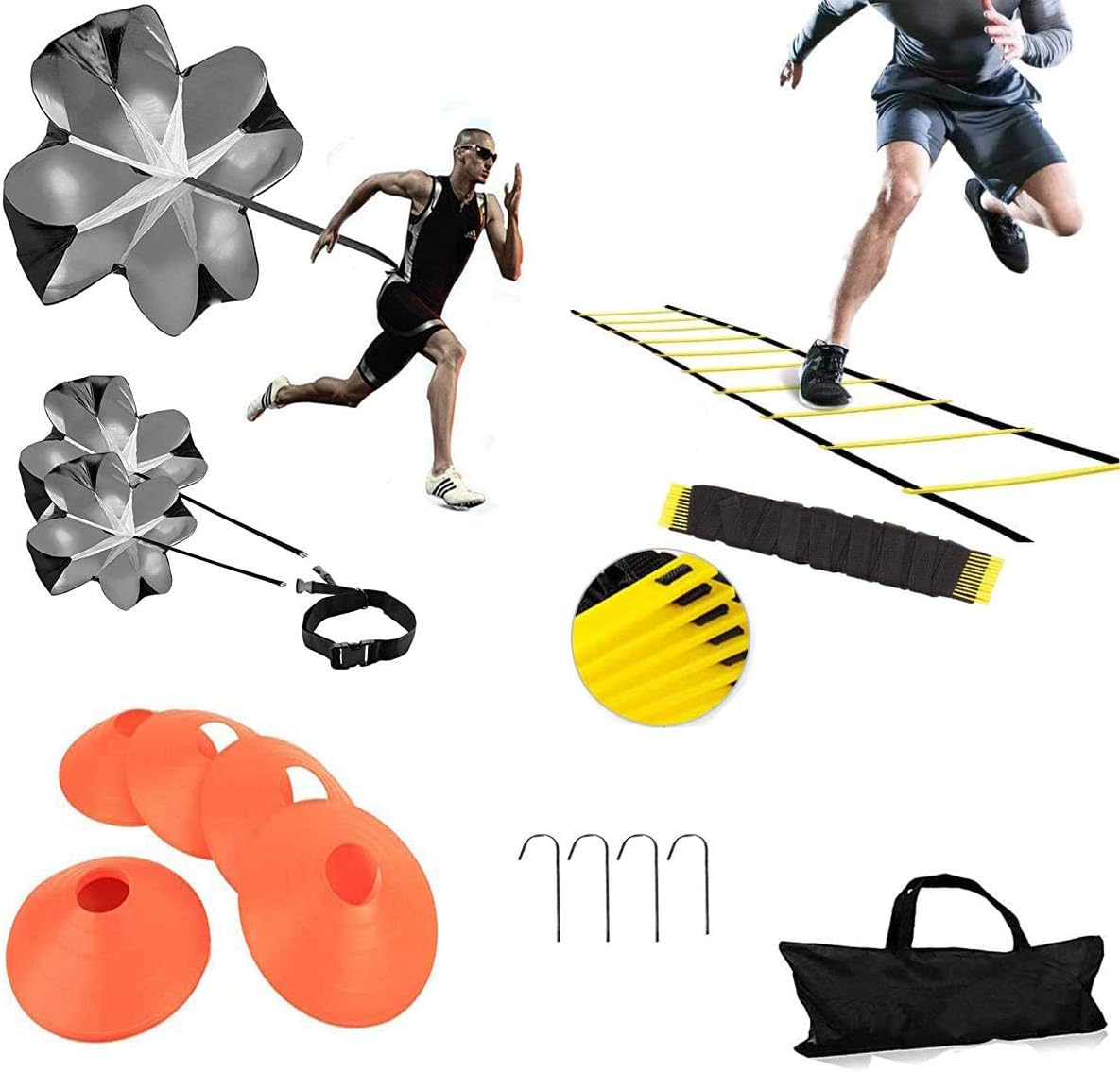 Speed Agility Training Kit-12 Rung 20Ft Agility Ladder, 5 Round Training Cones,Resistance Parachute, 4 metal Stakes & Carrying bag, football ladders for Faster Footwork and Better Movement Skills - Image 2