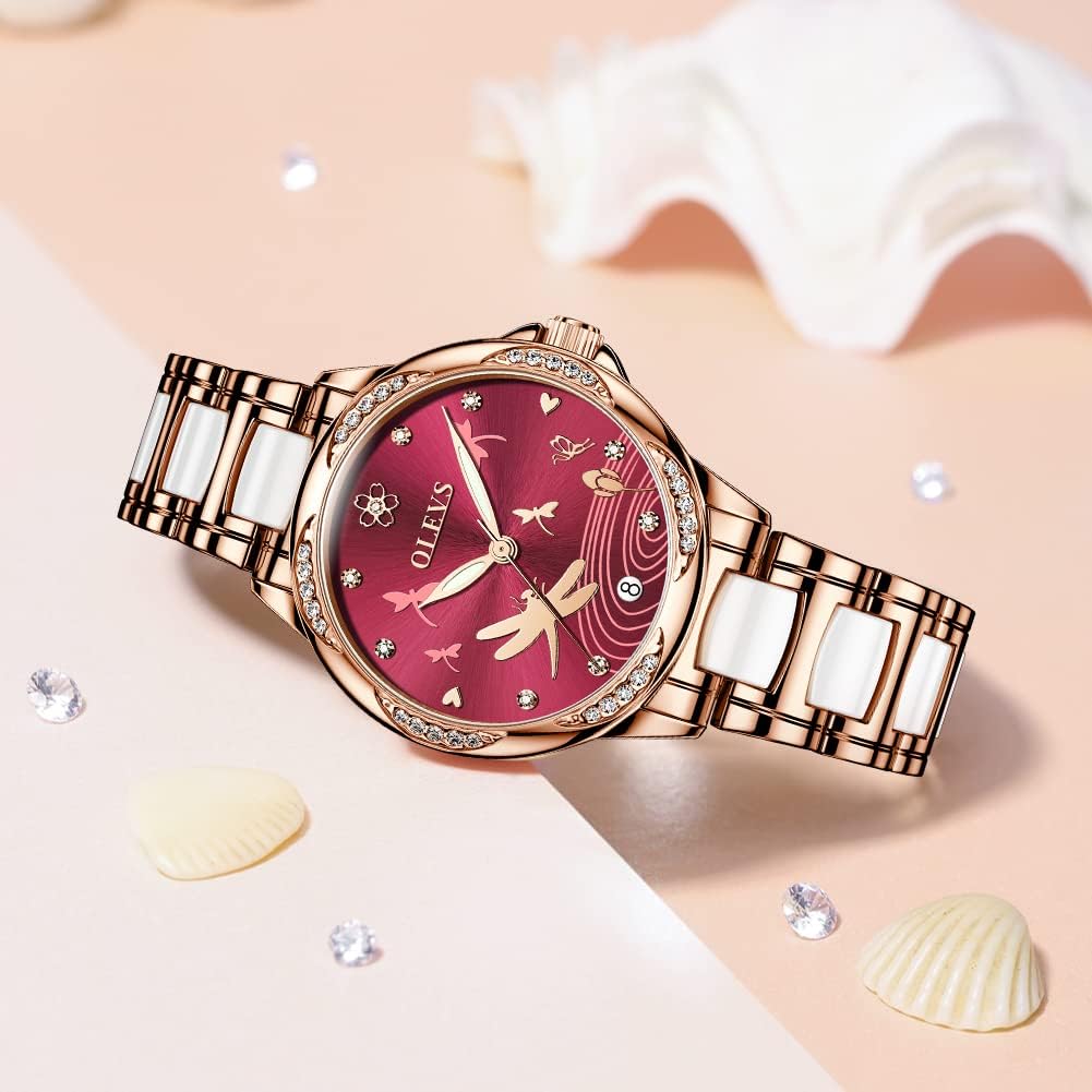 OLEVS Automatic Watches for Women Mechanical Diamond Love Heart Dial Rose Gold Ceramic Band Waterproof Luminous Date Ladies Watches - Image 3