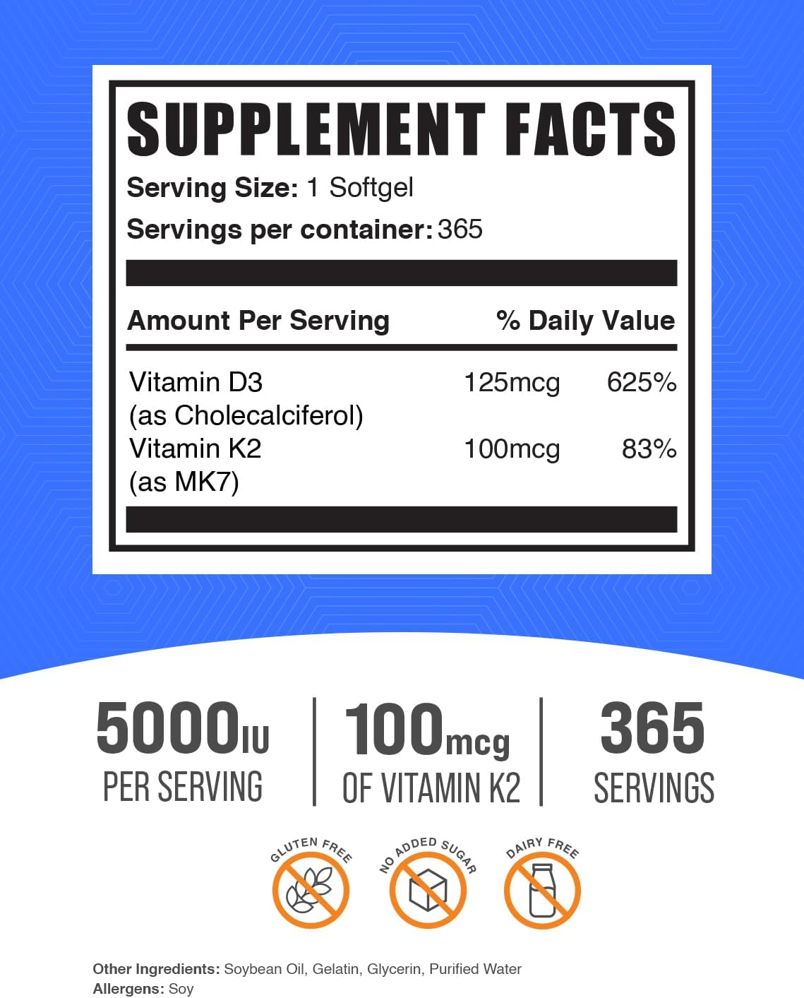 BulkSupplements.com Vitamin D3 + K2 5000 IU Softgels - D3 K2 Supplement, for Immune Health - Gluten Free, 1 Softgel per Serving, 365 Count (Pack of 1) - Image 3