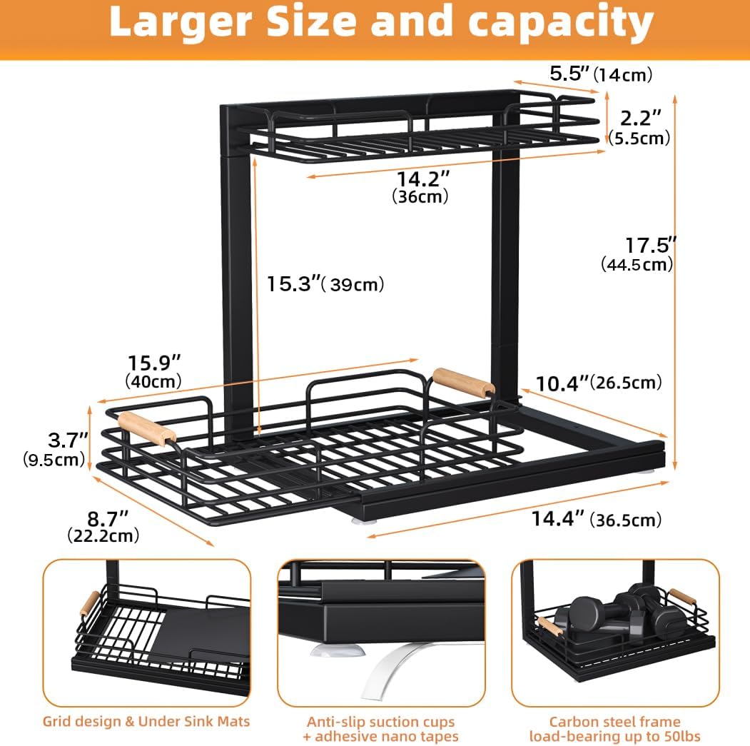 Under Sink Organizer, 2 Tier Under Sink Organizers and Storage, Under Sink Storage Shelves Metal Sliding Drawer for Kitchen Pantry Cabinet Closet, Black 2 Pack - Image 3