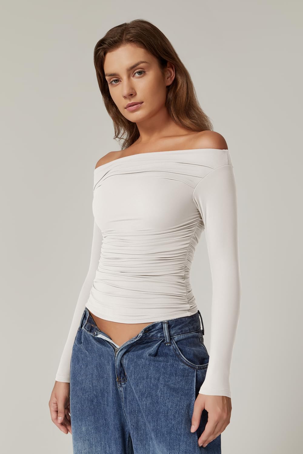 QINSEN Womens Off Shoulder Long Sleeve Tops Ruched Going Out Crop Slim Fitted Double Lined Shirts - Image 4