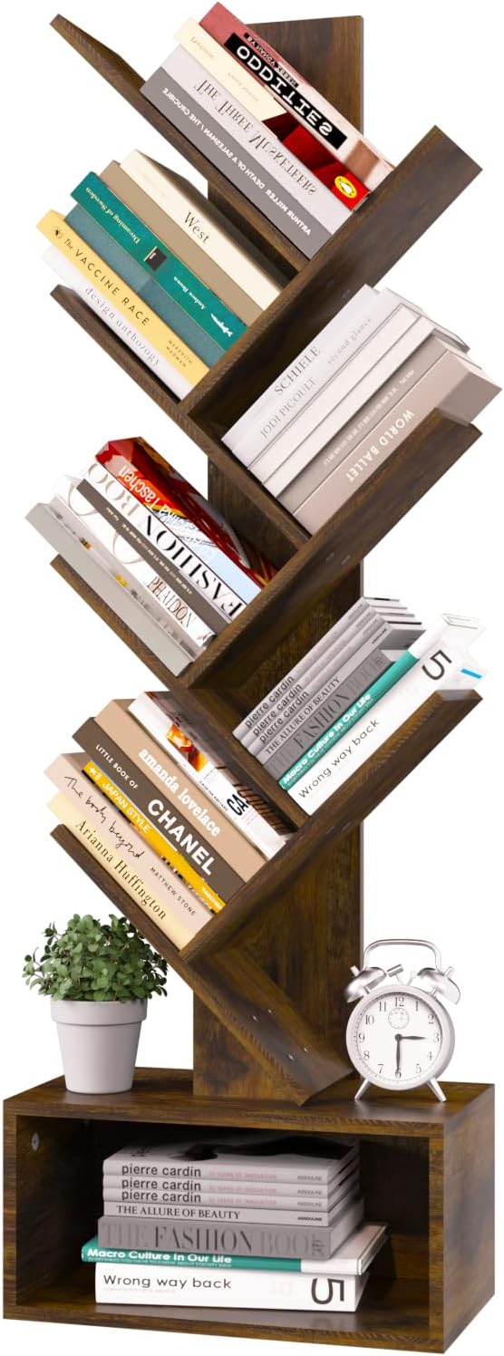 Yoobure Tree Bookshelf - 6 Shelf Retro Floor Standing Bookcase and Night Stand with Charging Station - Image 5