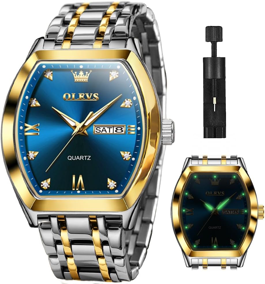 OLEVS Men Watches Square Business Dress Diamond Analog Quartz Date Luxury Watch for Men Casual Stainless Steel Waterproof Luminous Two Tone Wrist Watch - Image 2