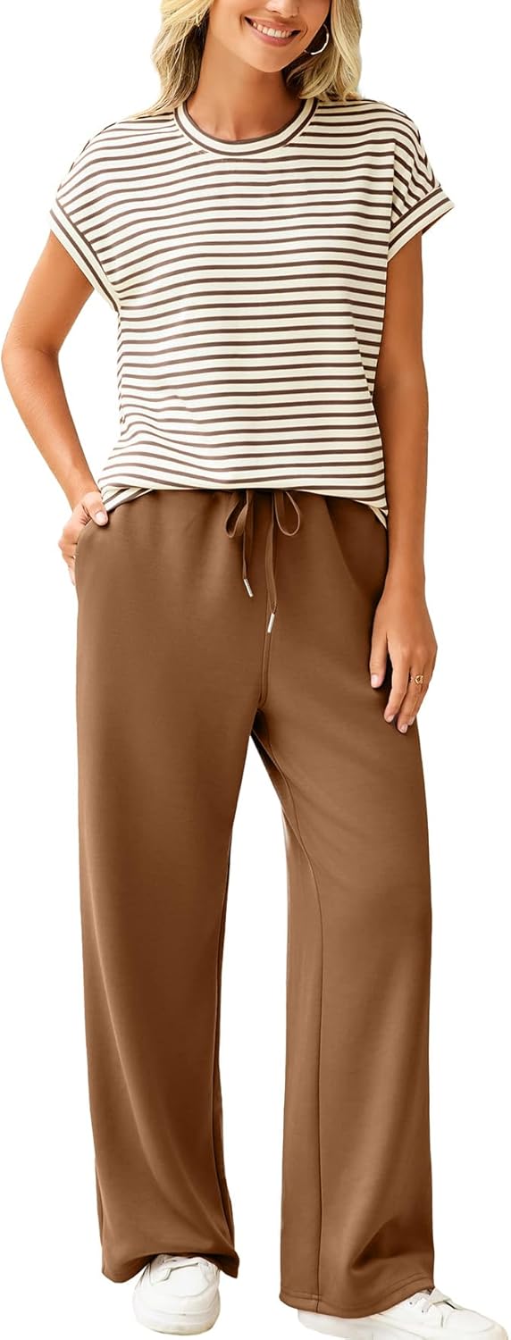 Glamaker Women's 2 Piece Sets Striped Summer Outfits Short Sleeve Shirts Wide Leg Pants Casual Lounge Sweatsuits - Image 2