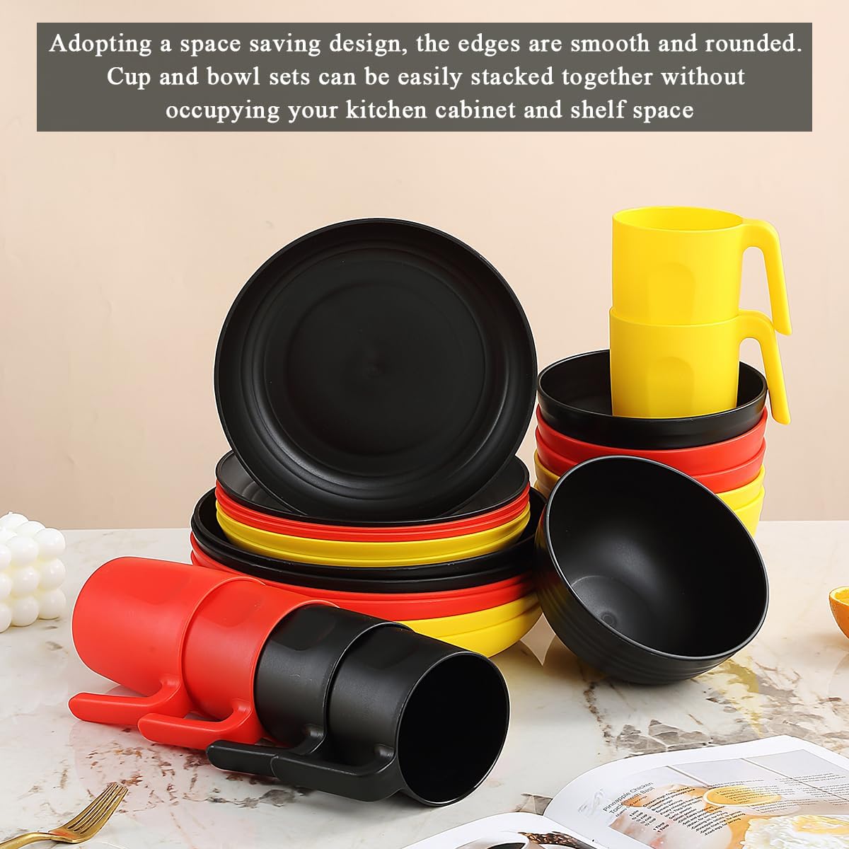 Berglander Plastic Dinnerware Sets 24pcs Service for 6, DE Color Reusable Plates and Bowls Sets, Dish Set Include Dinner Plates, Dessert Plate, Cereal Bowls, Cups for Home, Garden, Picnic, Camping - Image 4