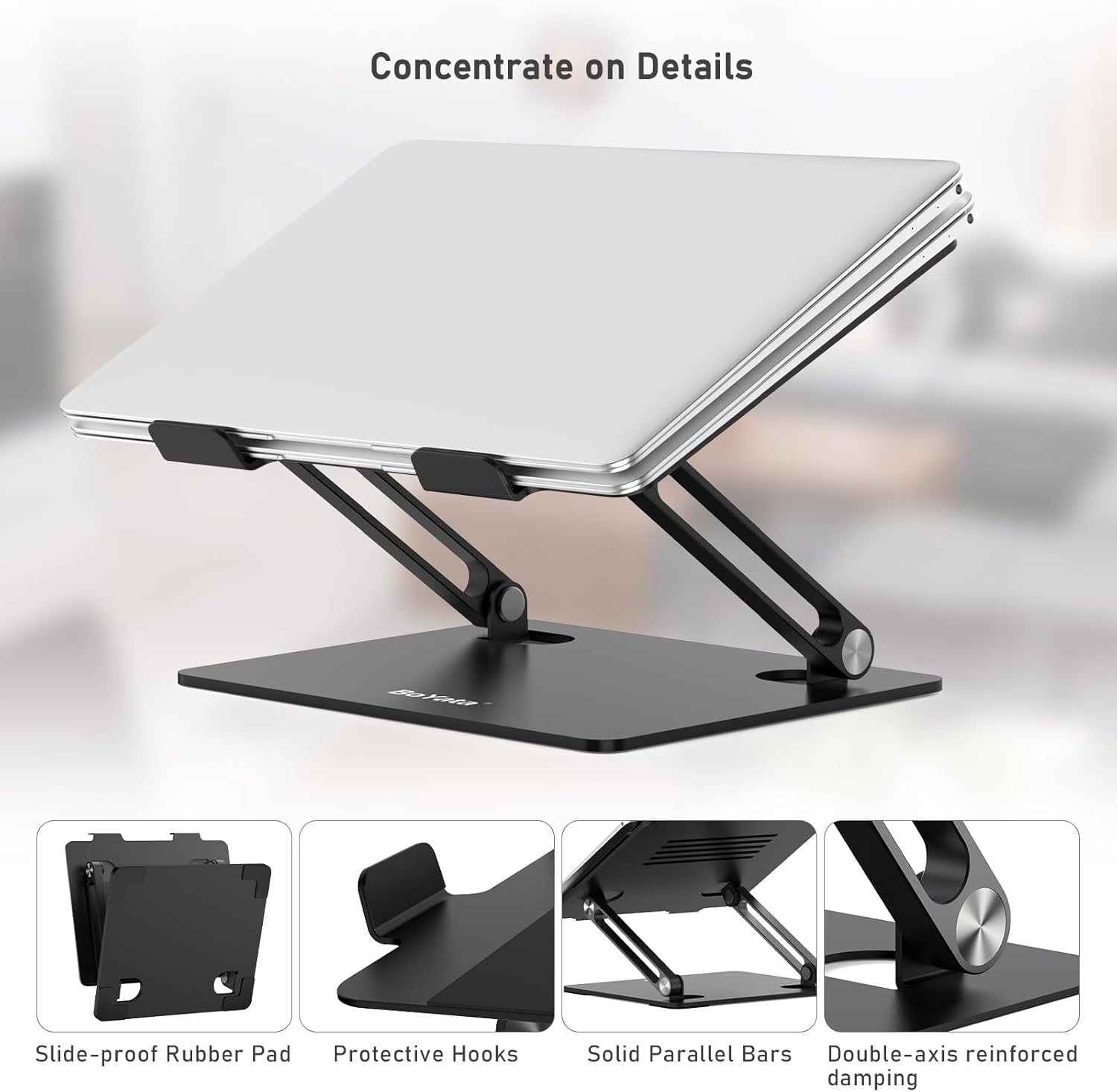 BoYata Laptop Stand, Adjustable Laptop Riser with Slide-Proof Silicone and Protective Hooks, Laptop Stand for Laptop up to 17 Inches, Laptop Holder Compatible for MacBook, Laptop-Black - Image 6