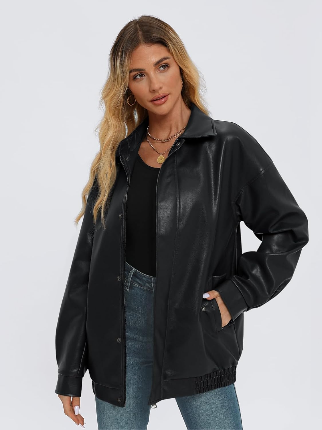 AUTOMET Women's Oversized Leather Jackets Faux Suede 2024 Fall Zip Up Motorcycle Coats Blazer Jackets for Women Outfits - Image 3