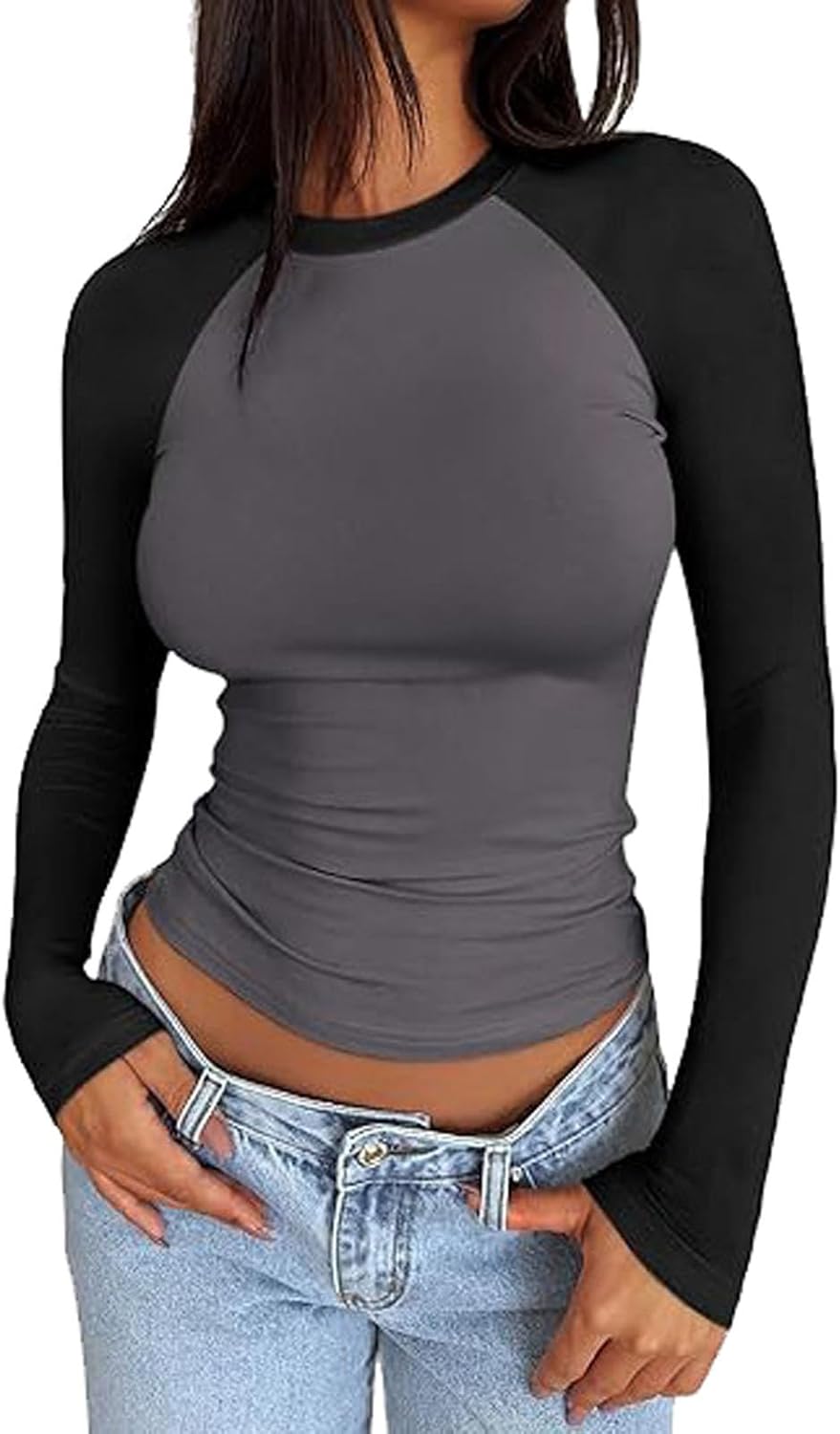 Women's Going Out Long Sleeve Crop Tops Crew Neck Slim Y2k Tight T Shirts Stretchy Color Block Slightly Cropped Tops - Image 2