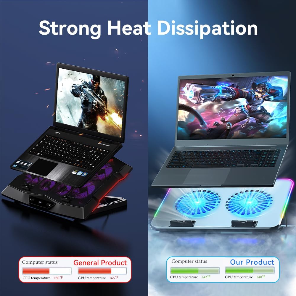 2024 Upgarde Metal RGB Laptop Cooling Pad Gaming Laptop Cooler with 2 Large Fans, Adjustable Fan Speed, 7 Height Stand, 10 Modes Light with Memory Function for 10-17.3 Inch Laptops… - Image 5