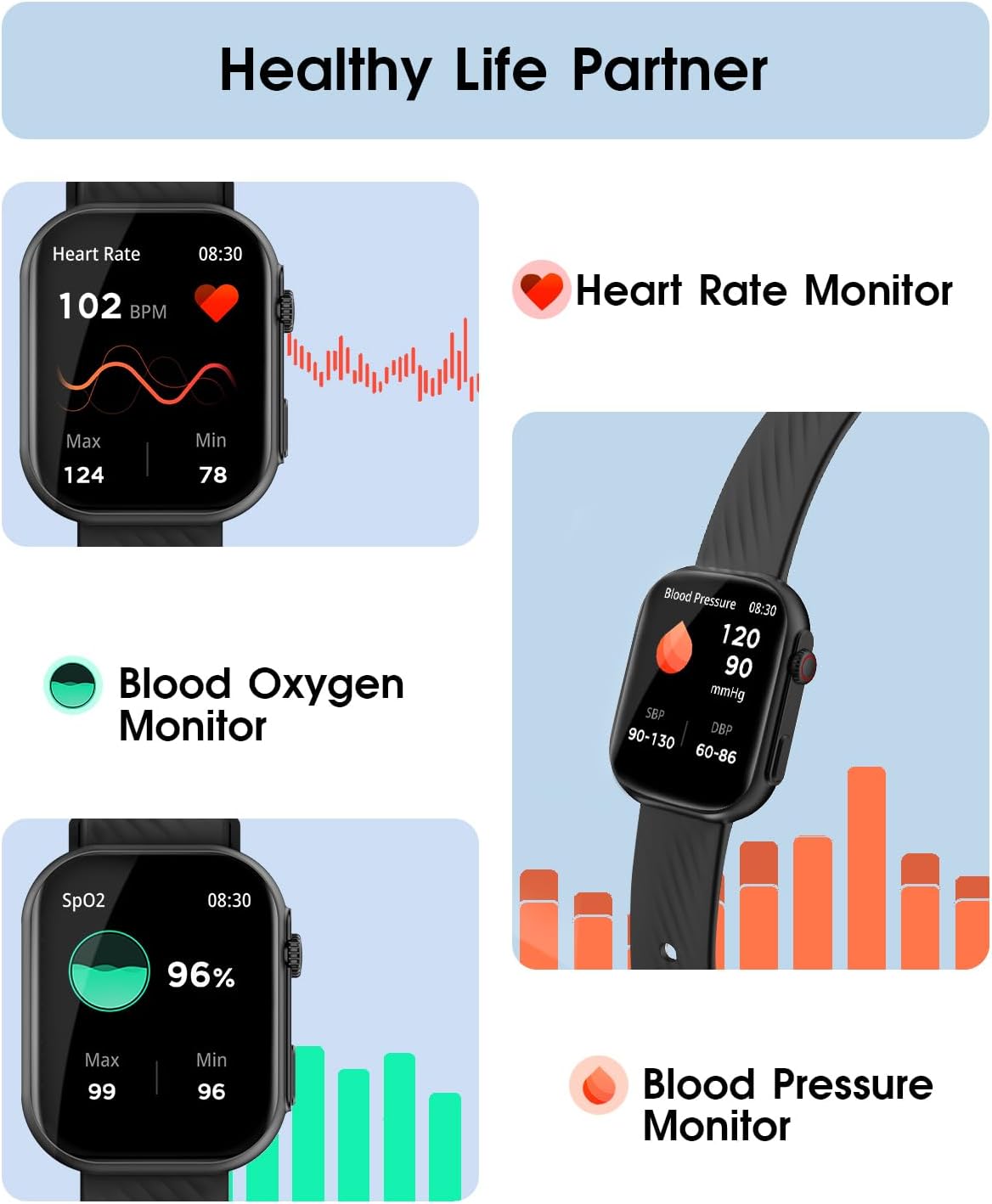 Smart Watch for Men Women (Answer/Make Calls), 2.0" Fitness Tracker with 100+ Sport Modes, Heart Rate/Sleep Monitor, Pedometer, SpO2, IP68 Waterproof Smart Watch for Android iOS Phones - Image 5
