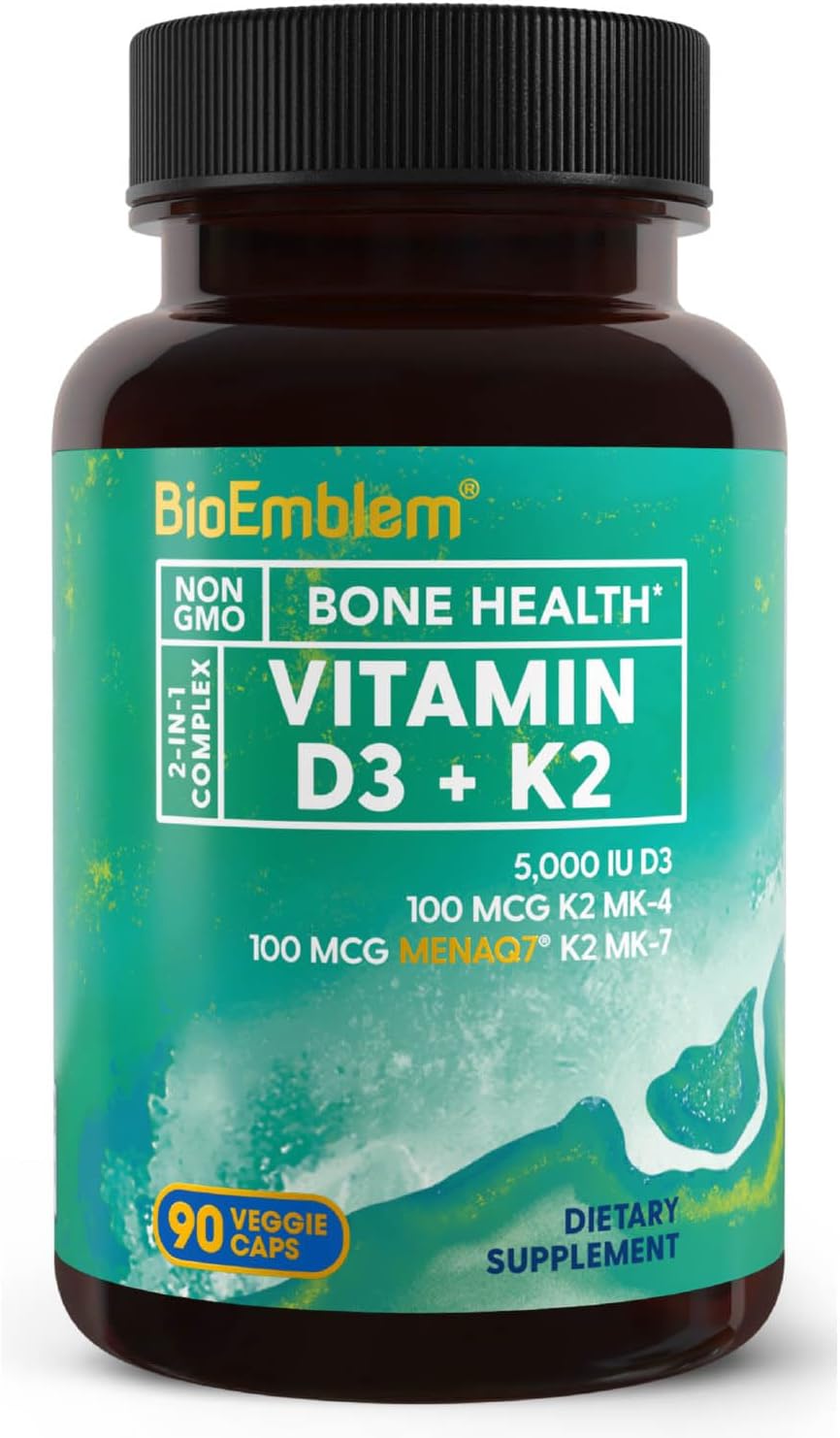 BioEmblem Vitamin D3 K2 Capsules (5000IU and 200mcg) - Patented MK7 and MK4 for 3-in-1 Complex Support - Vegetarian Vitamin D K2 Supplement for Teeth, Heart, Immune System - Non-GMO, 90 Caps - Image 2