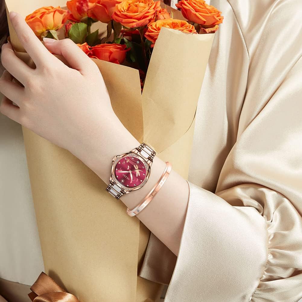 OLEVS Automatic Watches for Women Mechanical Diamond Love Heart Dial Rose Gold Ceramic Band Waterproof Luminous Date Ladies Watches - Image 5